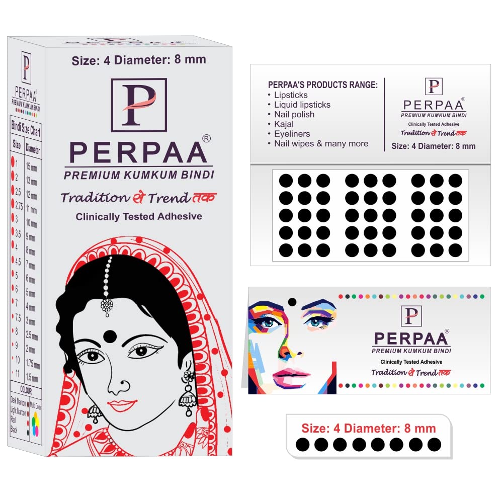 PERPAA Premium Black Round Bindi for Women - Velvet Sticker Pack of 6 Boxes (15 Flaps Each) - Elegant Indian Forehead Jewelry for Weddings, Parties & Festivals - Black Combo No.33