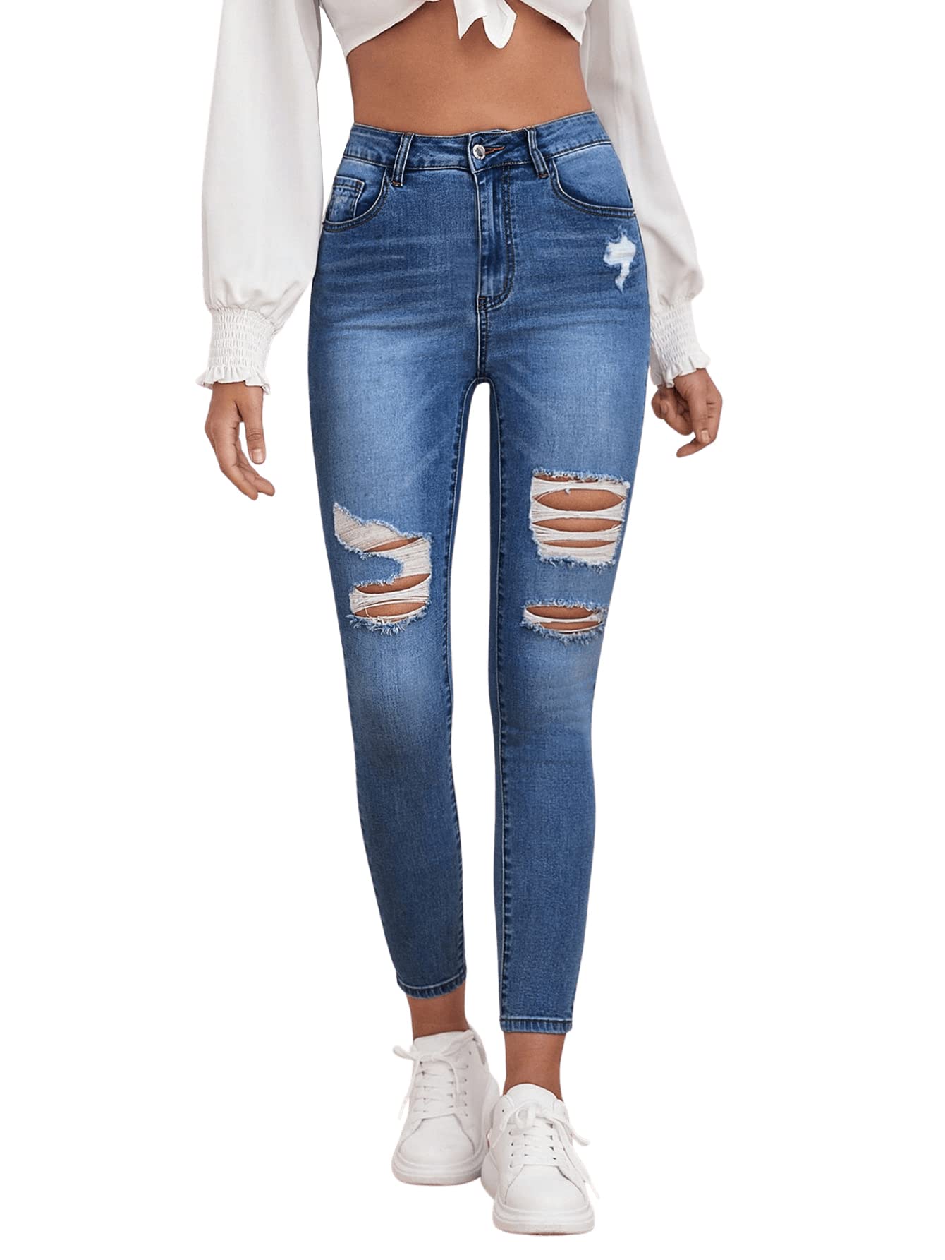 SweatyRocks Women's High Waisted Stretch Ripped Skinny Jeans - Distressed Denim Pants for Casual Wear, Street Style & Night Out