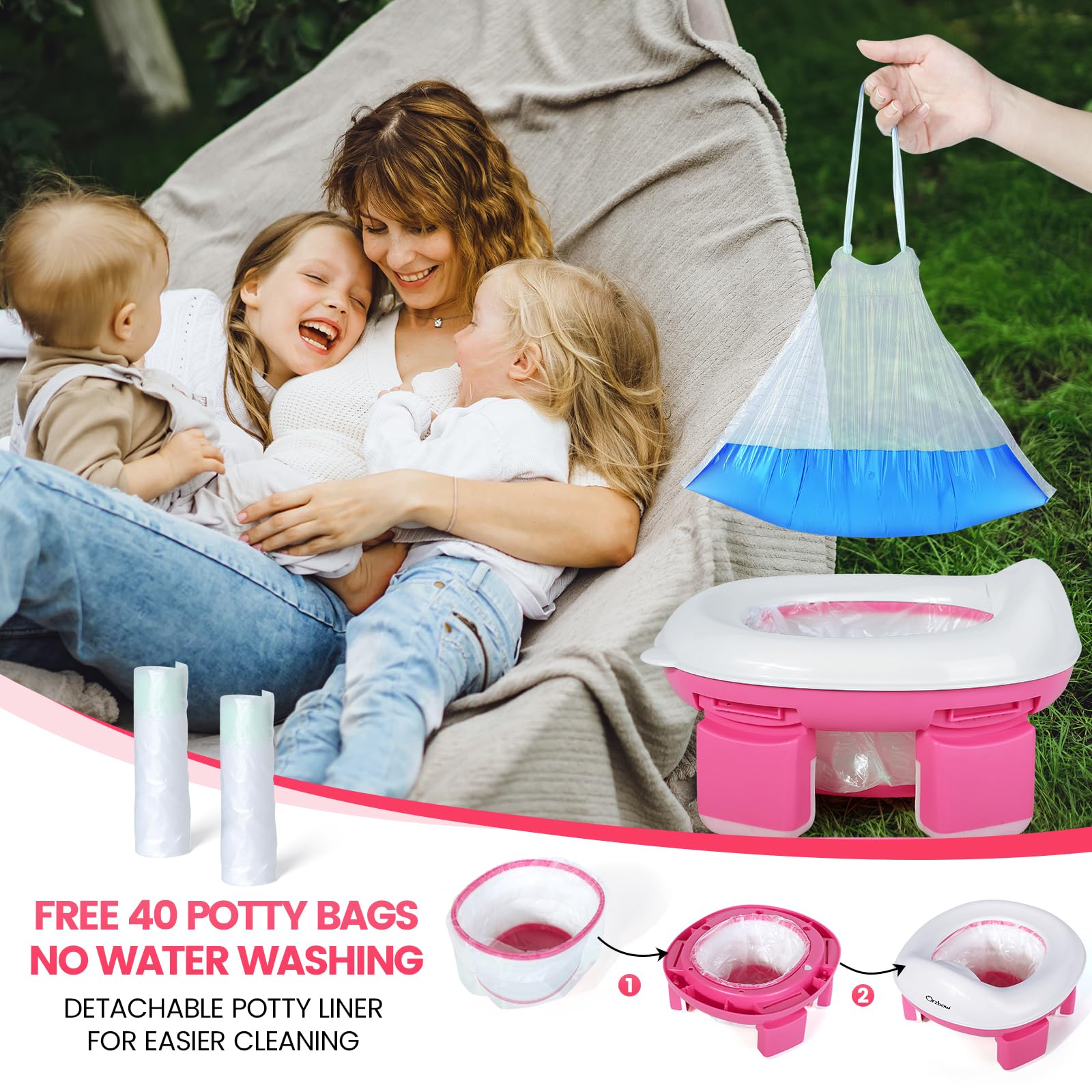 Orzbow Foldable Travel Potty Chair for Toddlers - Portable Kids Training Toilet Seat with Splash Guard, Storage Bag & 40 Disposable Bags | Perfect for Car Trips, Camping & Outdoor Adventures (Pink)