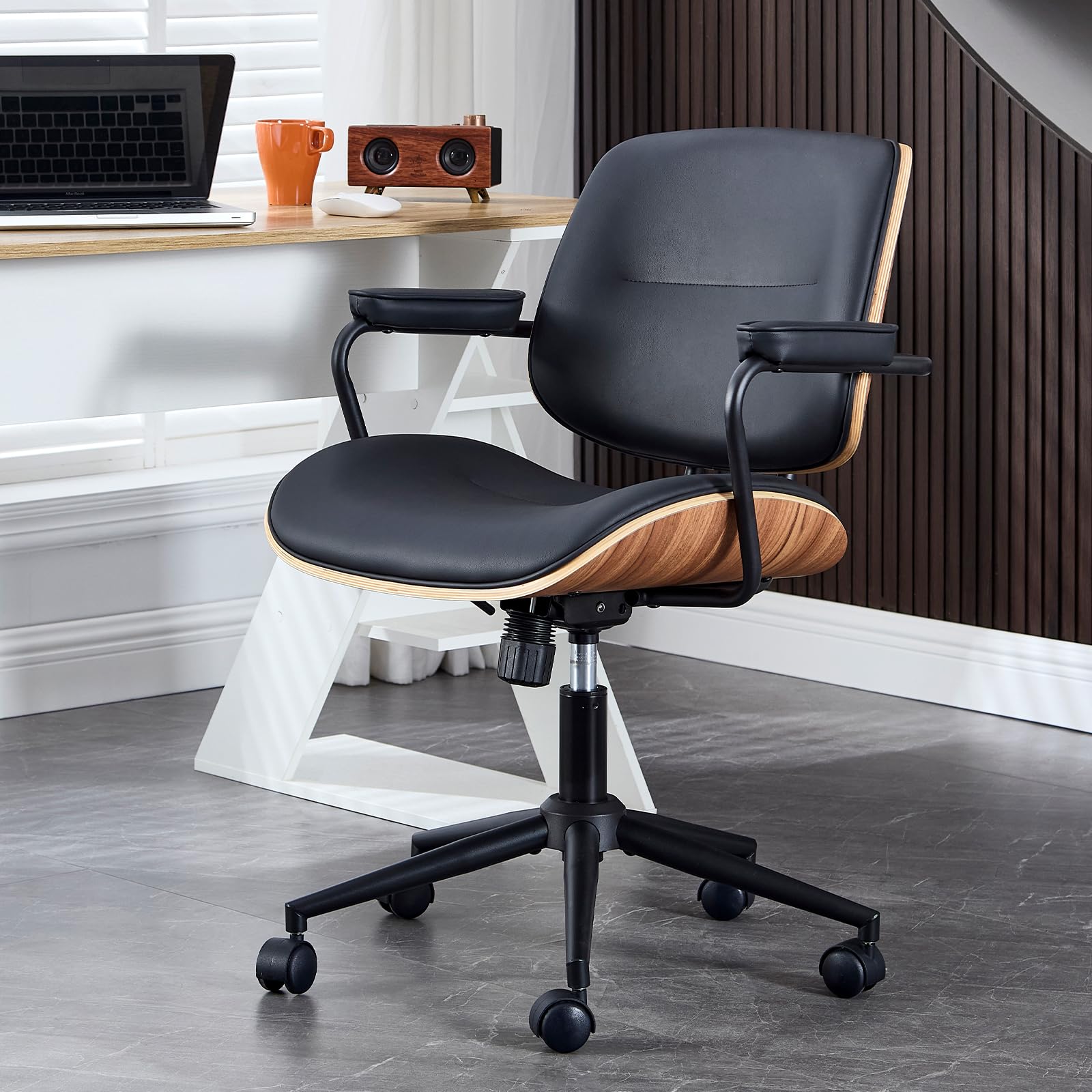 Mid Century Modern Office Chair with Adjustable Height & Armrests - Walnut Back Ergonomic Desk Chair with Wheels for Home Office, Study, Reading Room - Black (Set of 1) | Perfect for Workspaces, Libraries & Cozy Home Offices