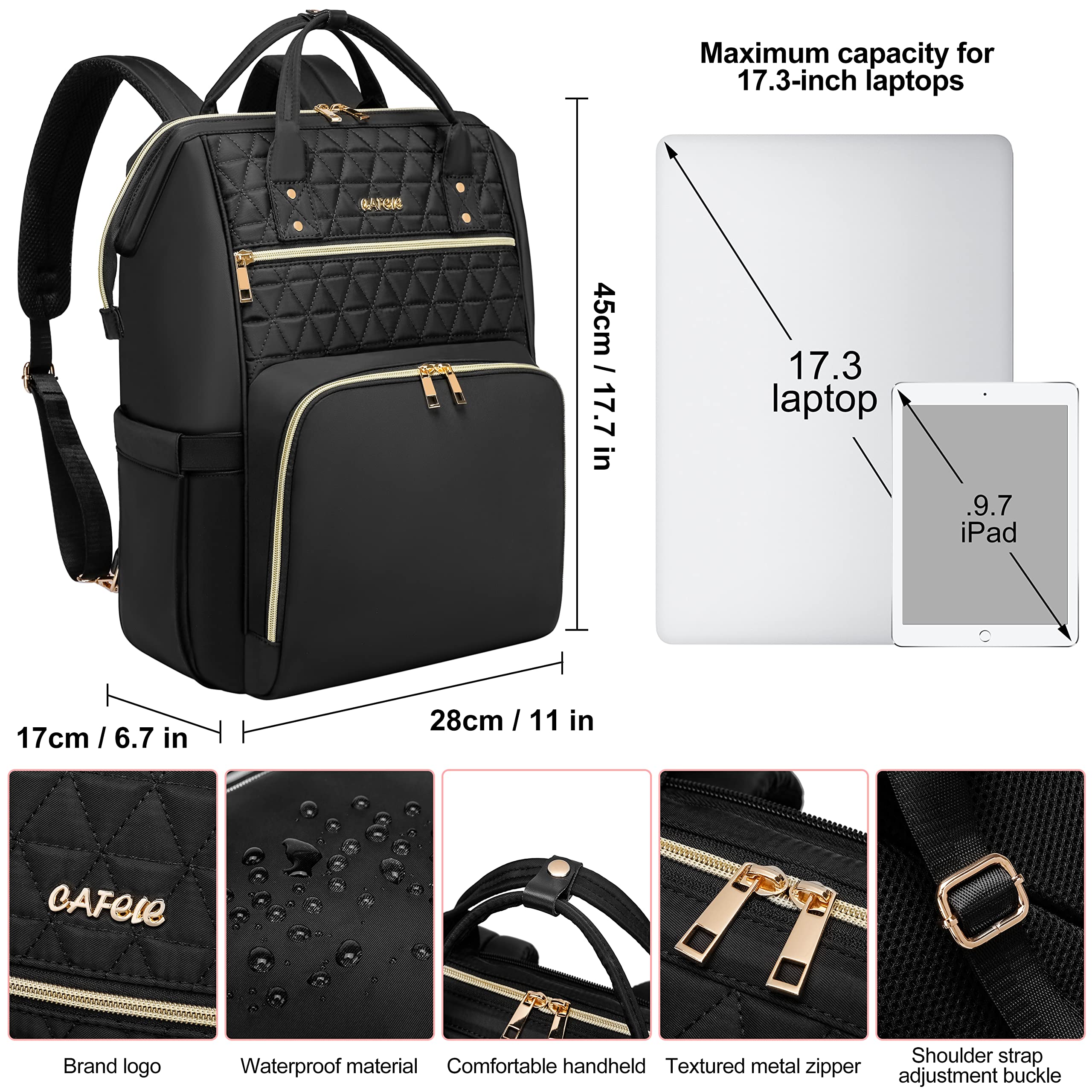 17.3 Inch Laptop Backpack for Women - Anti-Theft Business Backpack with USB Charging Port, Quilted Design - Perfect for Work, Travel & College (Black)