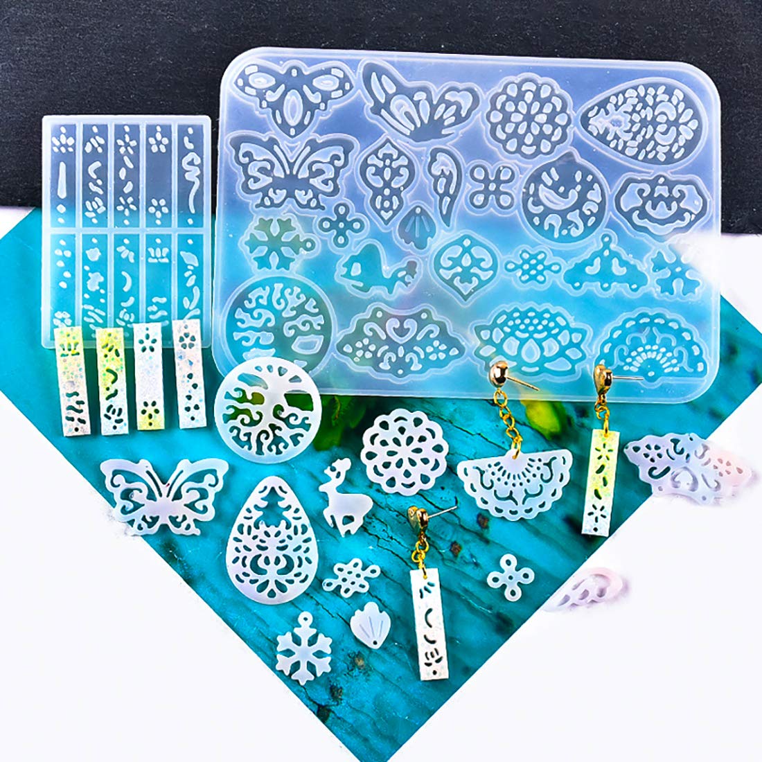 FineInno Silicone Resin Molds for Jewelry Making - Epoxy Earring & Pendant Molds in Leaf, Teardrop, Round, Heart, Snowflake Shapes - DIY Crafting, Gift Making, Resin Art Projects