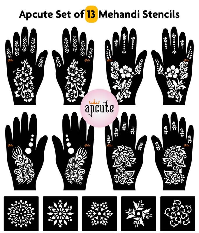 APCUTE Henna Tattoo Stencil Kit - 13 Piece Temporary Tattoo Set for Hands | Easy 4-Step Mehendi Designs for Women & Girls | Perfect for Weddings, Festivals & DIY Body Art