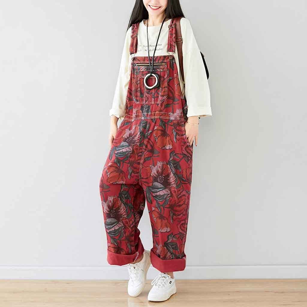 Vintage Floral Print Wide Leg Jumpsuit for Women - Retro Denim Overalls with Suspenders, Baggy Boyfriend Style Cowboy Bib Trousers | Casual Wear, Music Festivals, Street Style, Boho Chic Outfits