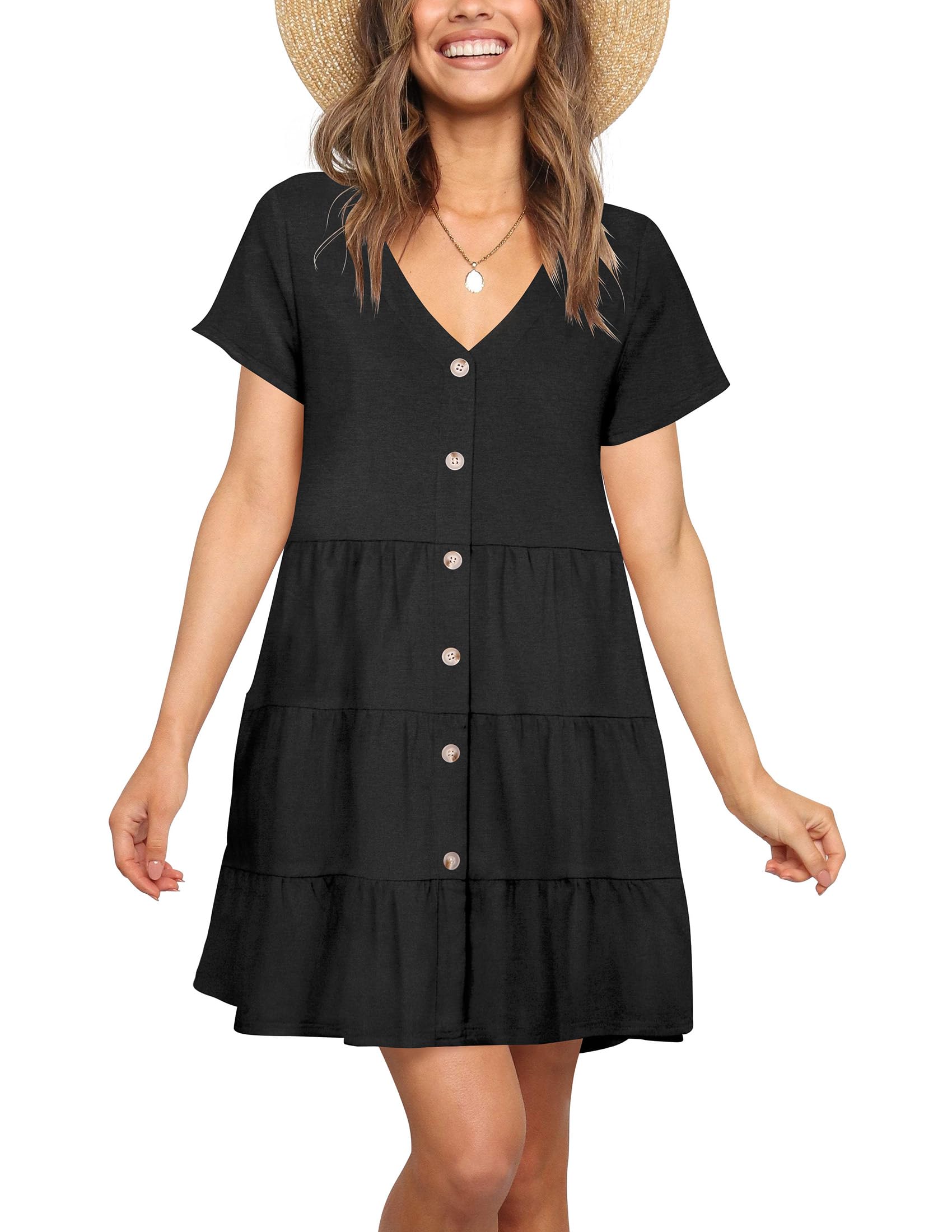 Nova In Sky Women's Summer Dresses 2025 - Short Sleeve V-Neck Casual Swing Dress with Buttons | Loose Fit T-Shirt Dress for Beach, Vacation & Everyday Wear