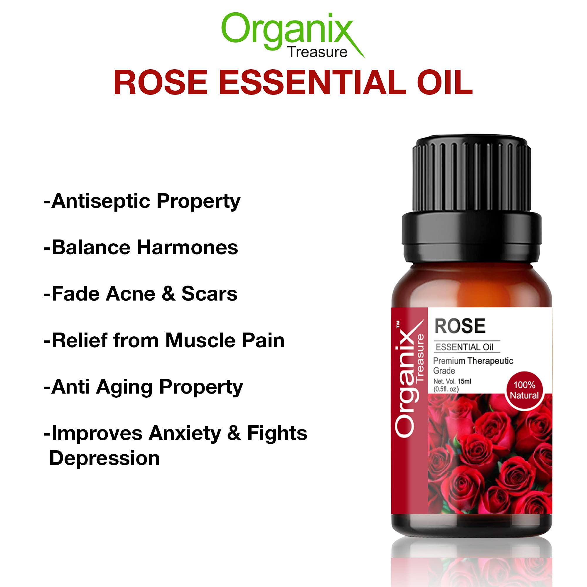 Pure Rose Essential Oil 15ml - Therapeutic Grade for Skin & Hair Care