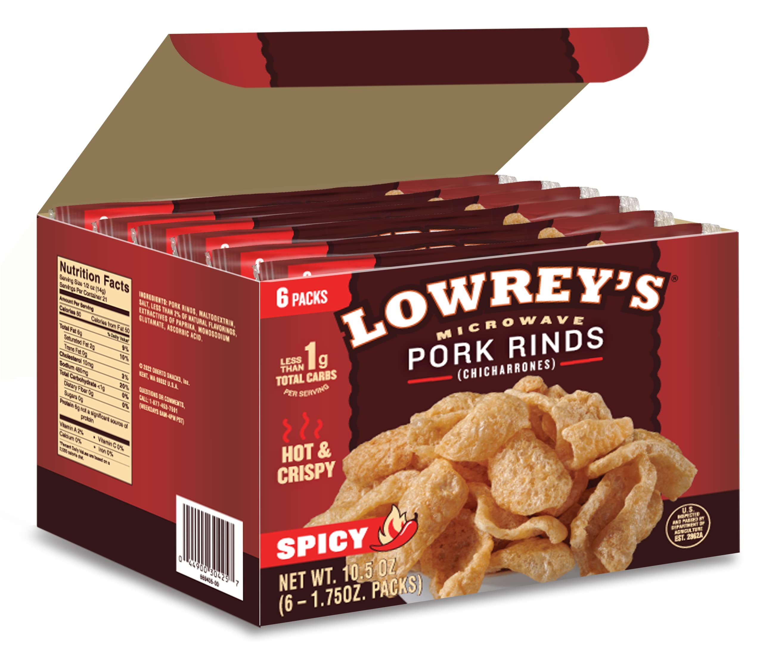 Lowrey's Bacon Curls Microwave Pork Rinds (Chicharrones) - Hot & Spicy Flavor, 1.75oz (6-Pack) | Keto-Friendly, Gluten-Free Snack for Parties, Game Day & Low-Carb Diets | Packaging May Vary