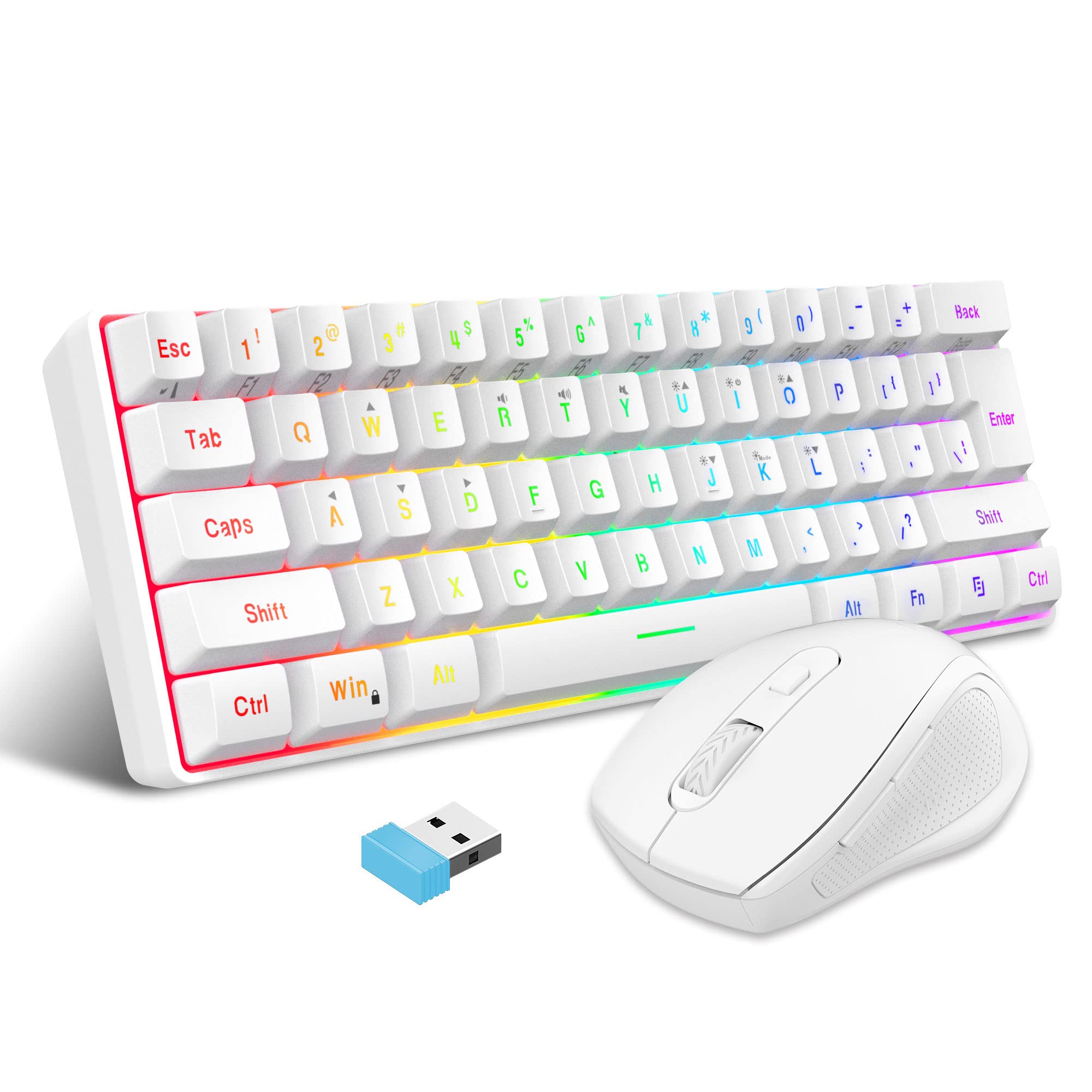 SNPURDIRI 2.4G Wireless Gaming Keyboard and Mouse Combo - 60% Compact Mechanical Feel Keyboard & Ergonomic Mini Mouse (White) for PC, Laptop, Mac - Perfect for Gaming, Office Work & Home Use