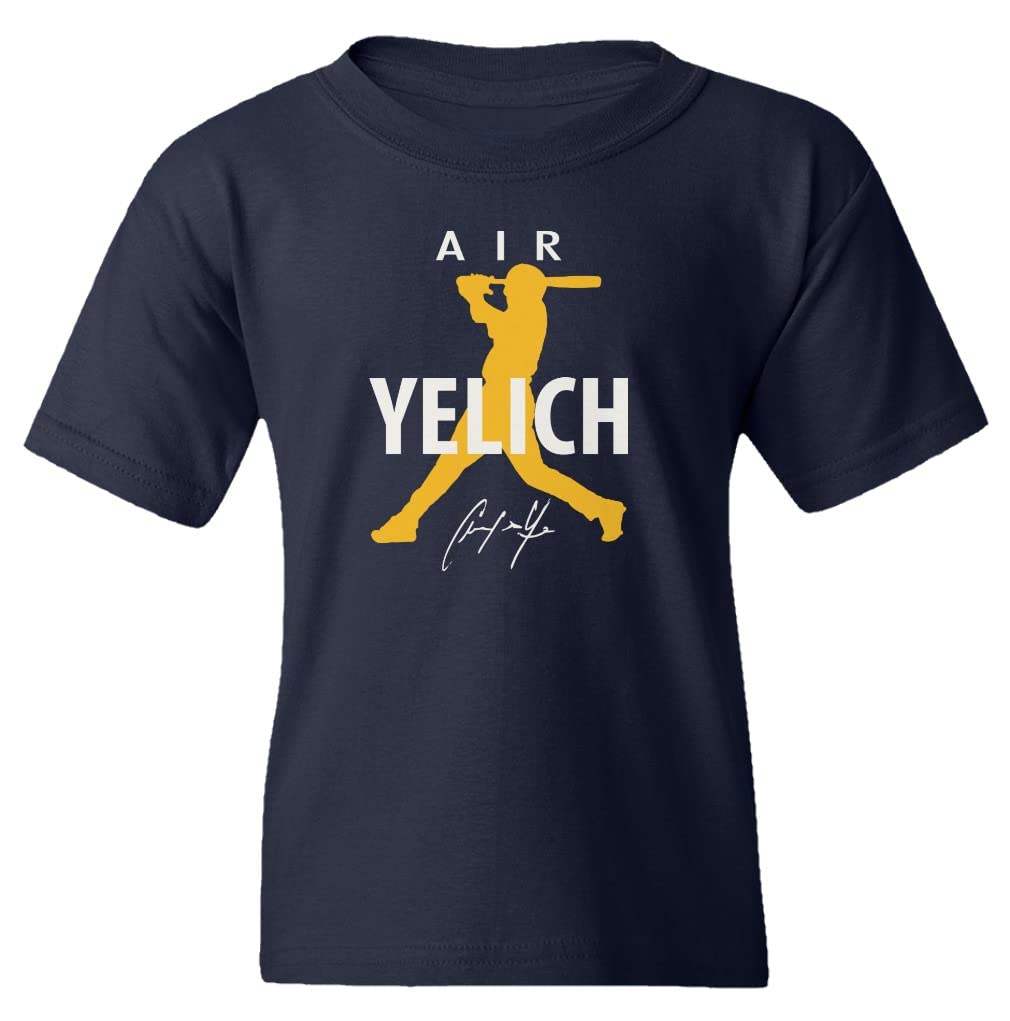 Air Yelich Baseball Star Milwaukee Brewers Fan T-Shirt for Youth - Unisex Soft Cotton Tee (Navy Blue, Size Youth Large) - Perfect for Game Day, School & Baseball Events