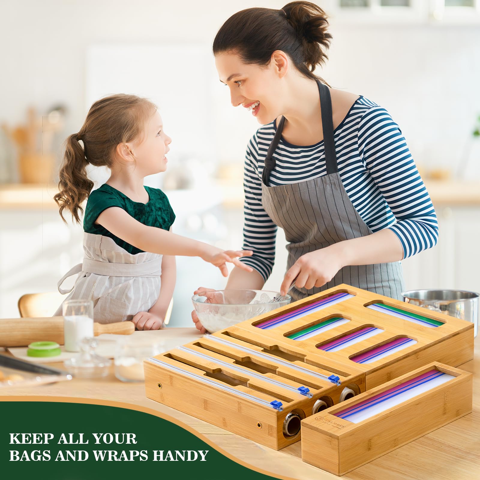 Calmbee 9-in-1 Kitchen Drawer Organizer - Bamboo Foil & Plastic Wrap Storage with Built-in Cutter - Fits Gallon, Quart & Sandwich Bags - Space Saving Solution for Pantry & Food Storage Organization