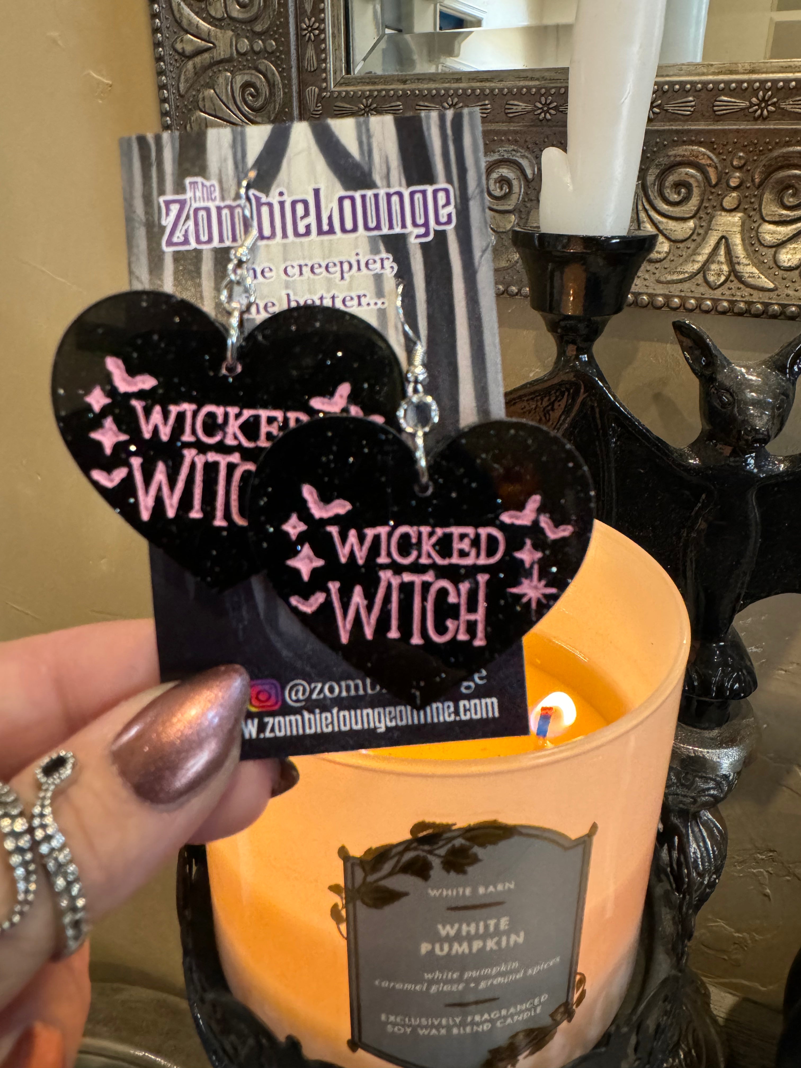 Witch Heart Earrings - Gothic Punk Jewelry for Women, Handmade Silver Plated Dangle Earrings | Perfect for Halloween, Cosplay, and Alternative Fashion