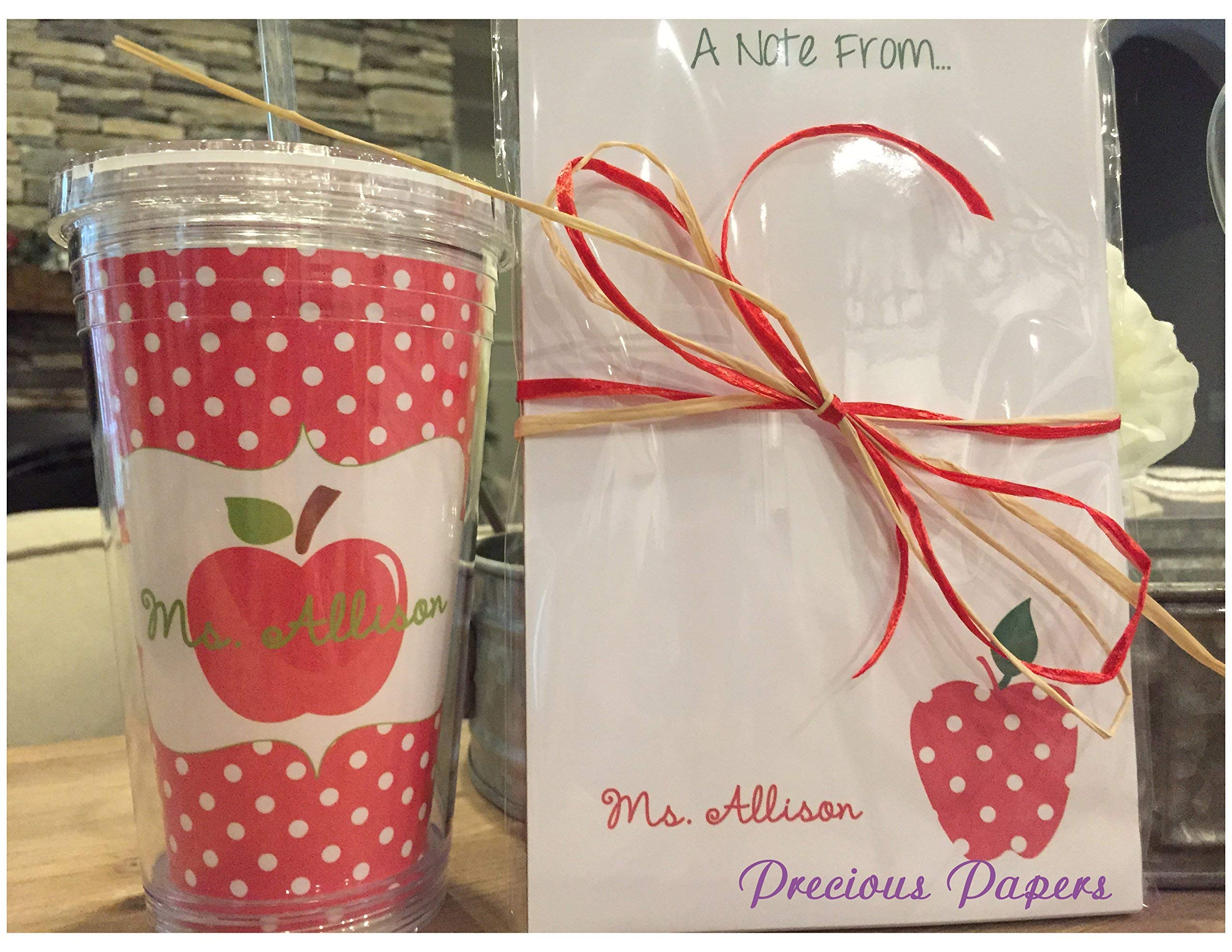 Personalized Red Apple Notepad and Tumbler Set - Perfect Teacher Appreciation Gift for Back to School, Christmas, Thank You & End of Year - Customizable Name Engraved Journal & Insulated Cup for Educators