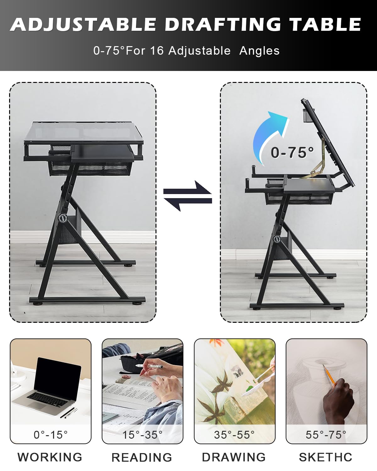 LifeSky Adjustable Drafting Table for Artists & Designers - Professional Drawing Desk with Storage Drawers & Glass Surface - Perfect for Painting, Sketching & Illustration Work - Ideal Home & Studio Art Furniture for Painters, Illustrators & Cartoonists