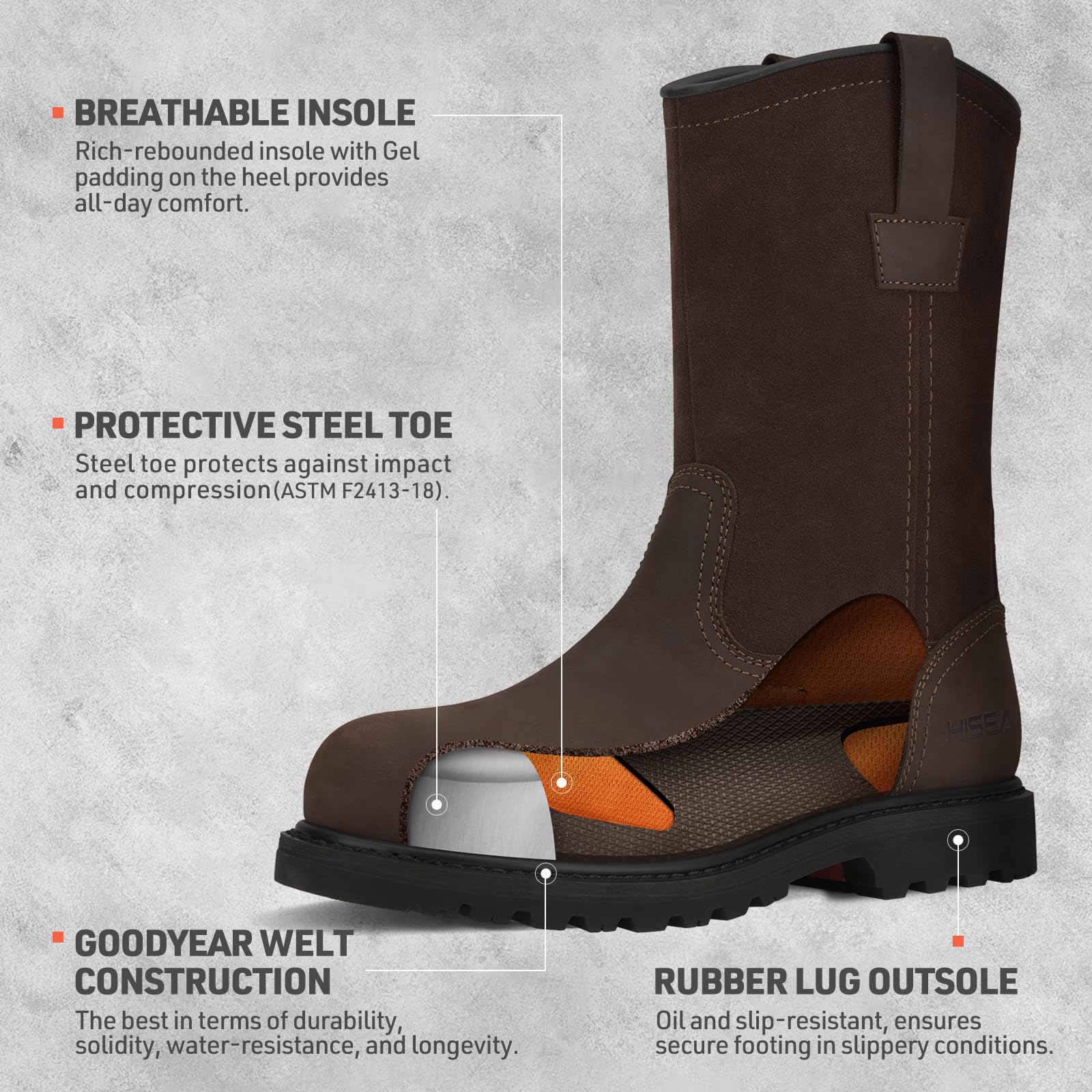HISEA NINGO Men's Steel & Soft Toe Work Boots - 100% Waterproof Wellington Boots with Full-Grain Leather, Oil & Slip Resistant, Hazard Protection - Pull On Work Boots for Construction, Farming & Outdoor Work