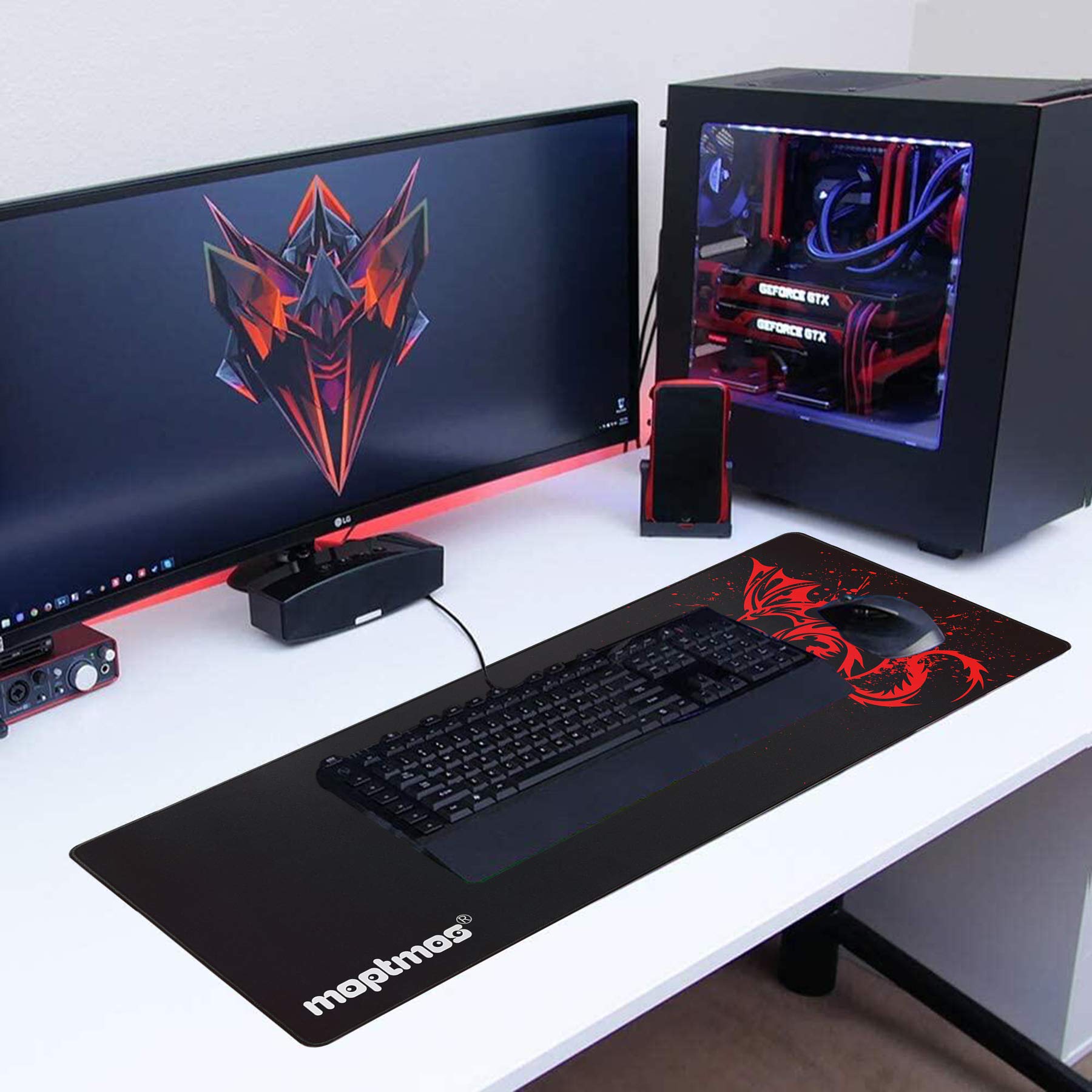 Large Gaming Mouse Pad with Dragon Design - Non-Slip RGB Extended Mouse Mat for PC, Laptop & Office Use - Perfect for Gamers, Programmers & Graphic Designers (A-Red)