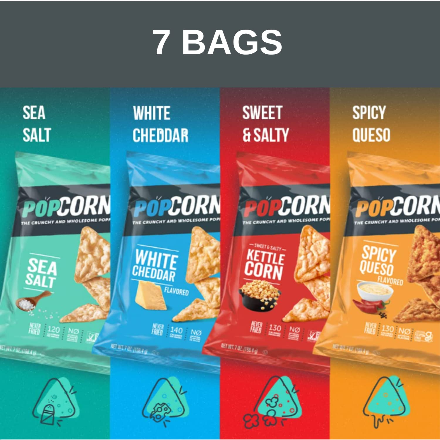 Gluten Free Popped Corn Snacks Variety Pack - Kettle Corn, Spicy Queso, Sea Salt & White Cheddar (7 Count, 1 oz Bags) | Healthy On-The-Go Snack for Office, School & Movie Nights