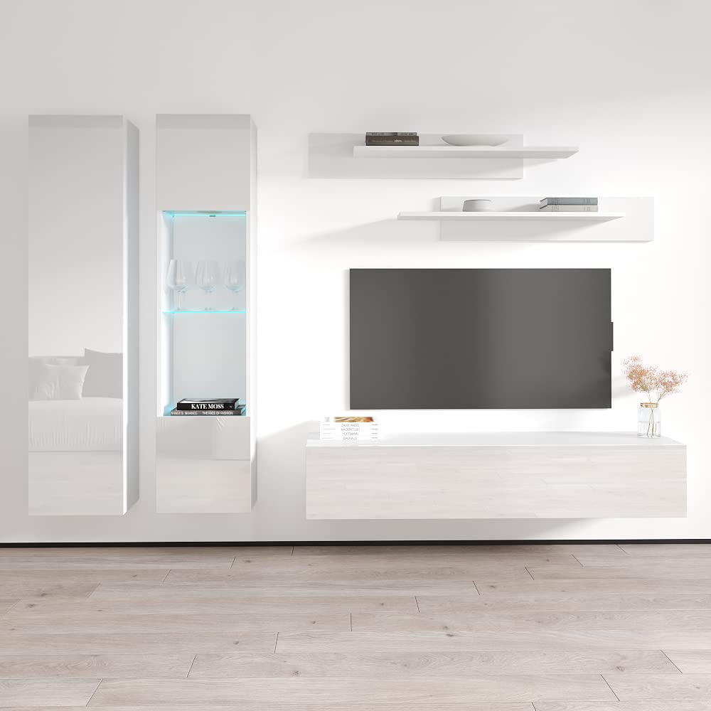 Modern White Wall-Mounted TV Stand with Storage Shelves & LED Lights - Floating Entertainment Center Console for Bedroom & Living Room - Perfect for Small Spaces & Home Theater Setup - Meble Furniture Fly A5 30TV Stand
