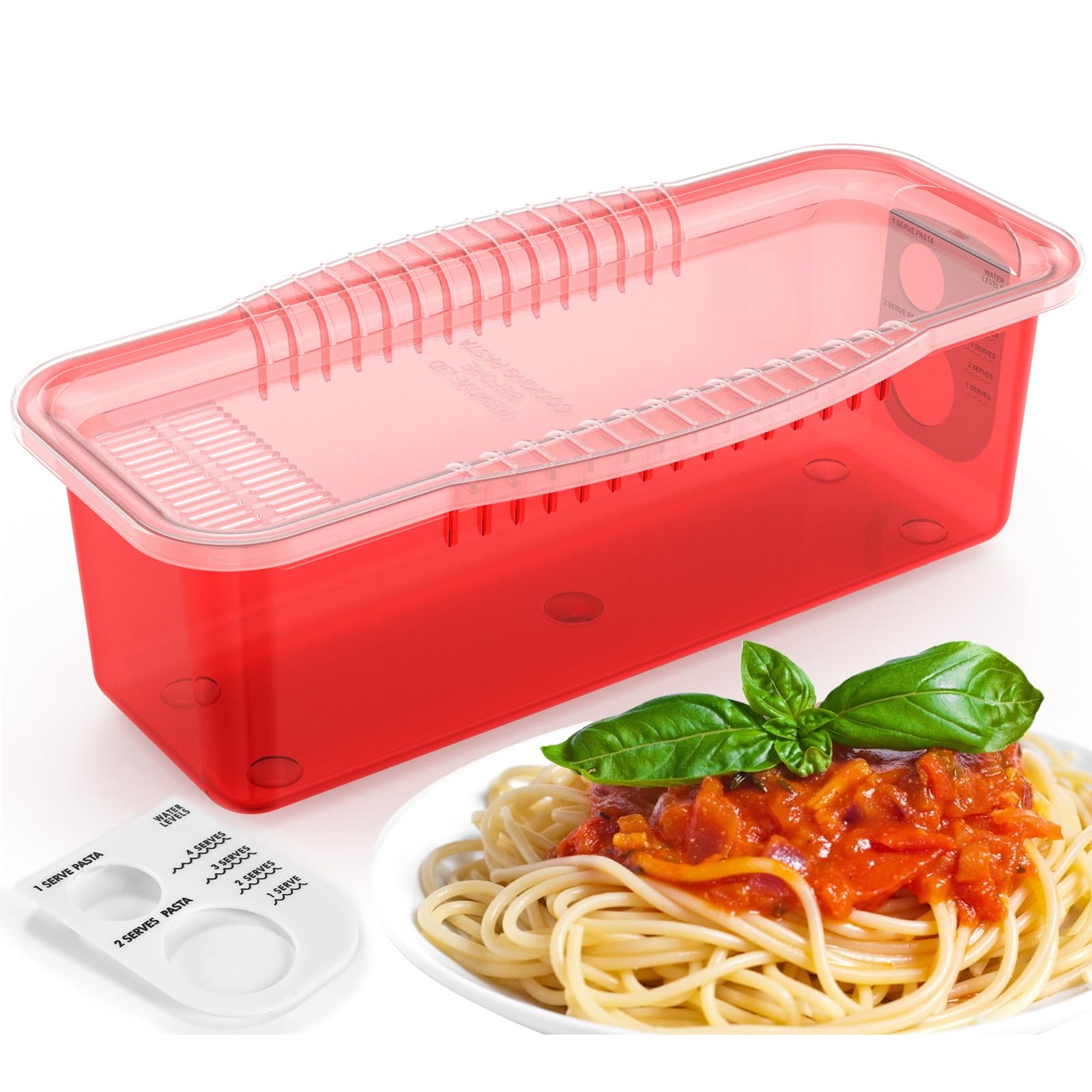 Potahouse® Microwave Pasta Cooker with Strainer Lid - Quick 10-15 Minute Spaghetti & Noodle Cooker - BPA-Free Microwave Steamer for Dorm, Kitchen & Office - Clear Red Design - Perfect for College Students & Busy Professionals