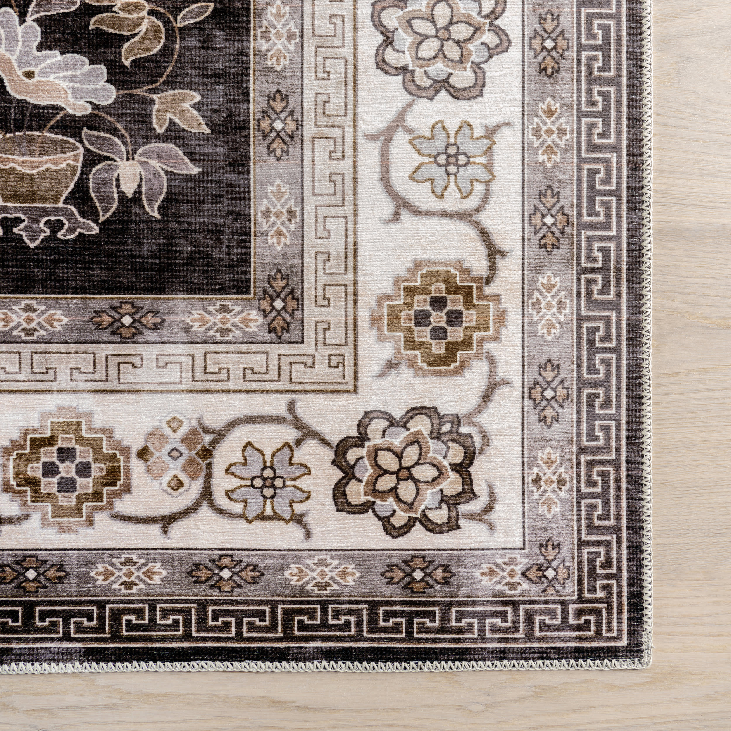 Dayflower Vintage Spill Proof Washable Rug - Brown | Non-Slip Kitchen & Living Room Rug | Perfect for High Traffic Areas & Pet Friendly Homes