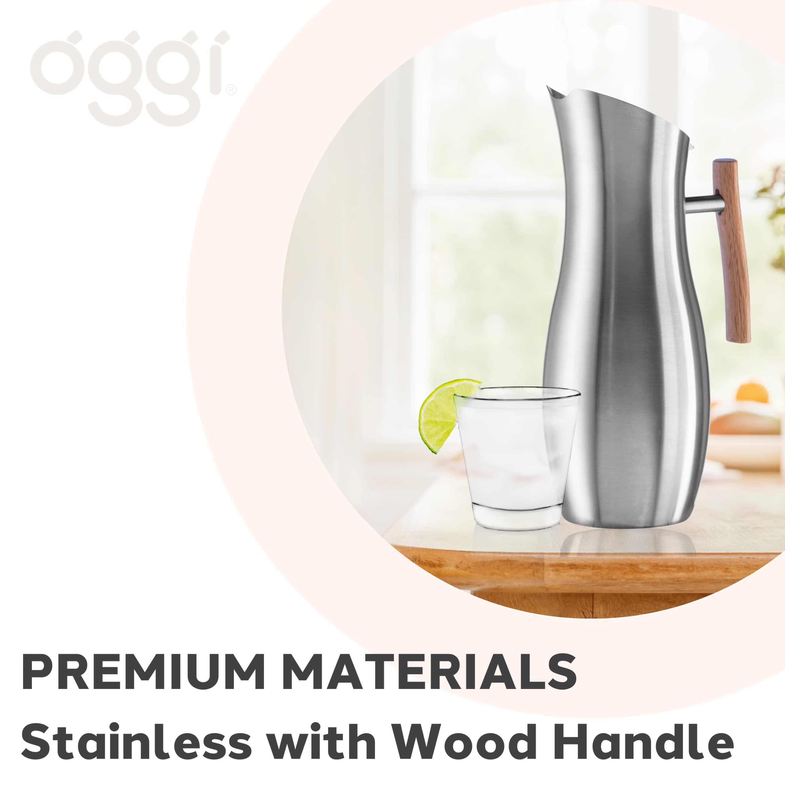 OGGI Slimline Stainless Steel Pitcher with Ice Guard - 68oz (2L) Metal Water Carafe for Iced Tea, Lemonade & Cold Beverages - Perfect for Parties, Entertaining & Outdoor Gatherings