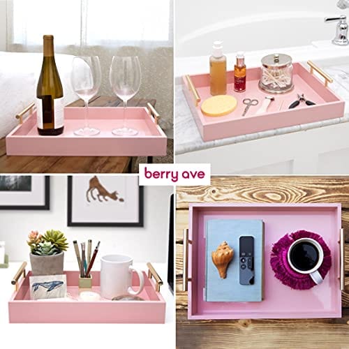 2 Pack Pink Nesting Decorative Trays with Polished Handles & Glossy Finish - Ottoman Serving Tray Set for Coffee Table, Bedside, Couch & Kitchen - Perfect for Dining, Parties, Bathroom Organization & Home Decor