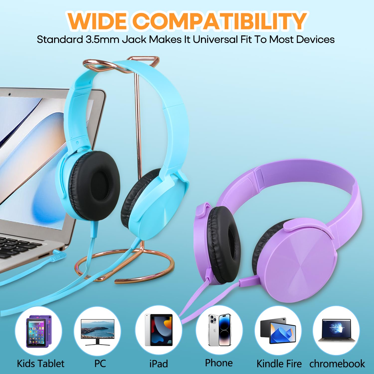 Bulk Headphones 24 Pack - Multi-Colored Swivel Earphones for Students, Classroom, School, Library & Travel | Comfortable Kids Headphones for Online Learning, Airplane Use & Distance Education