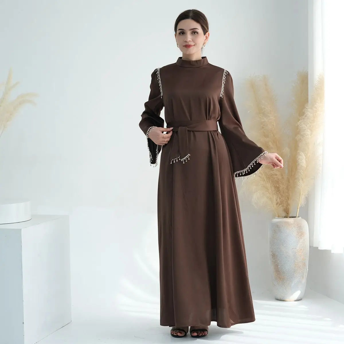 Elegant Muslim Women's Beaded Satin Abaya Dress for Prayer & Special Occasions - Modest Islamic Clothing for Women