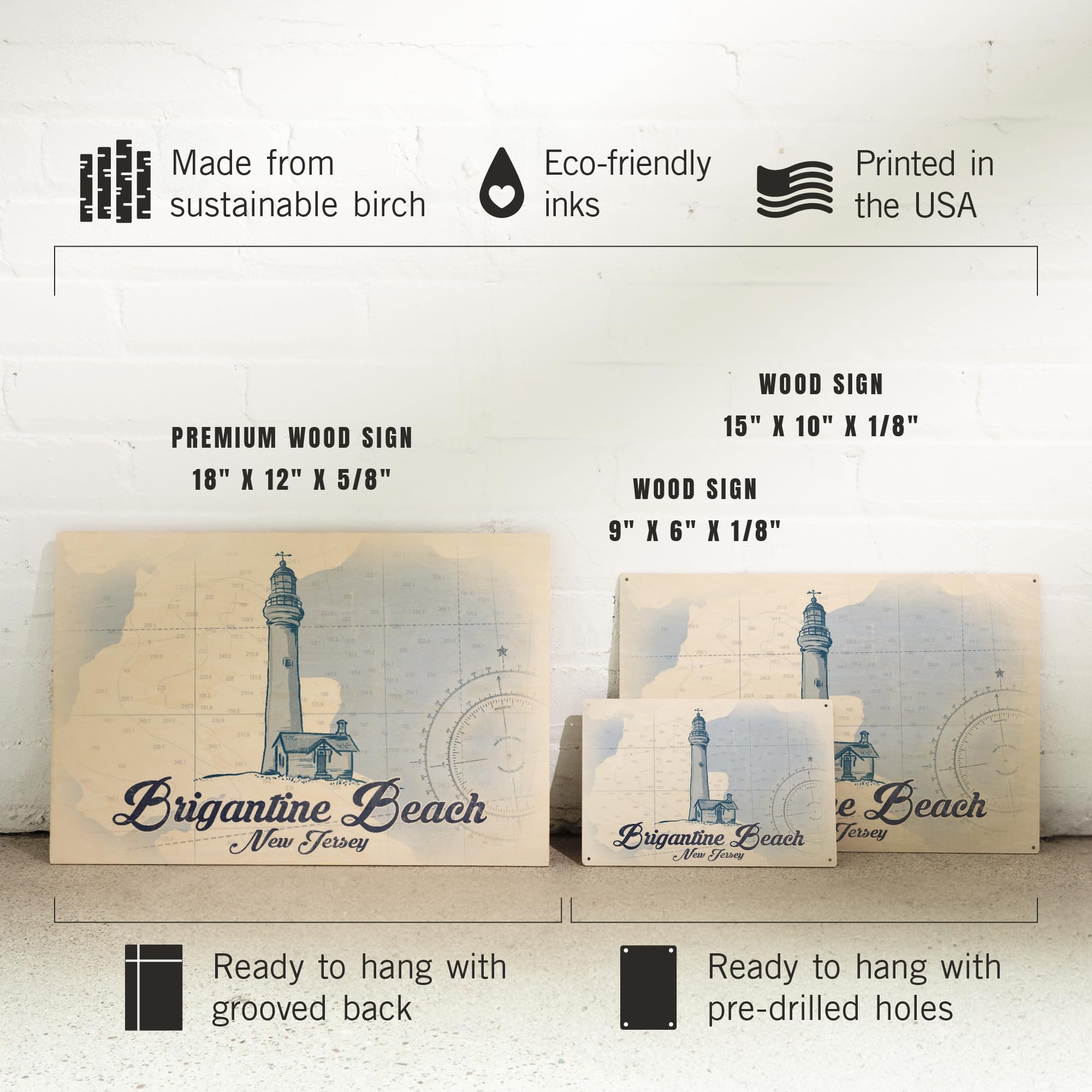 Lantern Press 12x18 Inch Premium Wood Wall Sign - Brigantine Beach New Jersey Coastal Decor with Beach Chair & Umbrella Design - Ready to Hang Blue Wooden Wall Art for Beach House, Coastal Living Room or Porch Decor