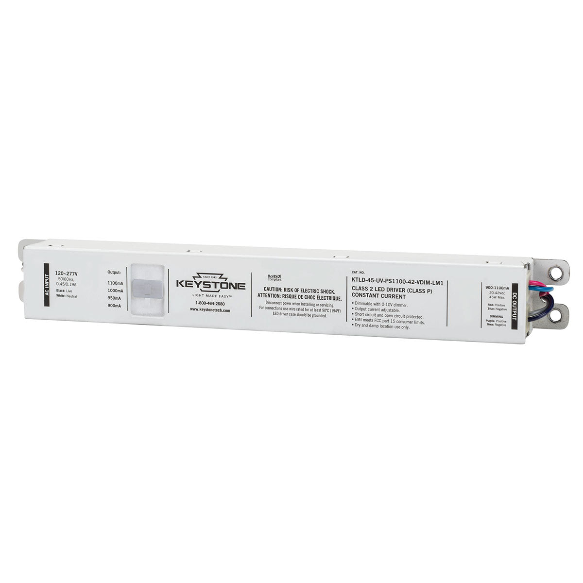 45W LED Driver with Selectable Current 900-1100mA, 0-10V Dimming, 120-277V Input - Perfect for Indoor/Outdoor LED Lighting, Commercial & Residential Use