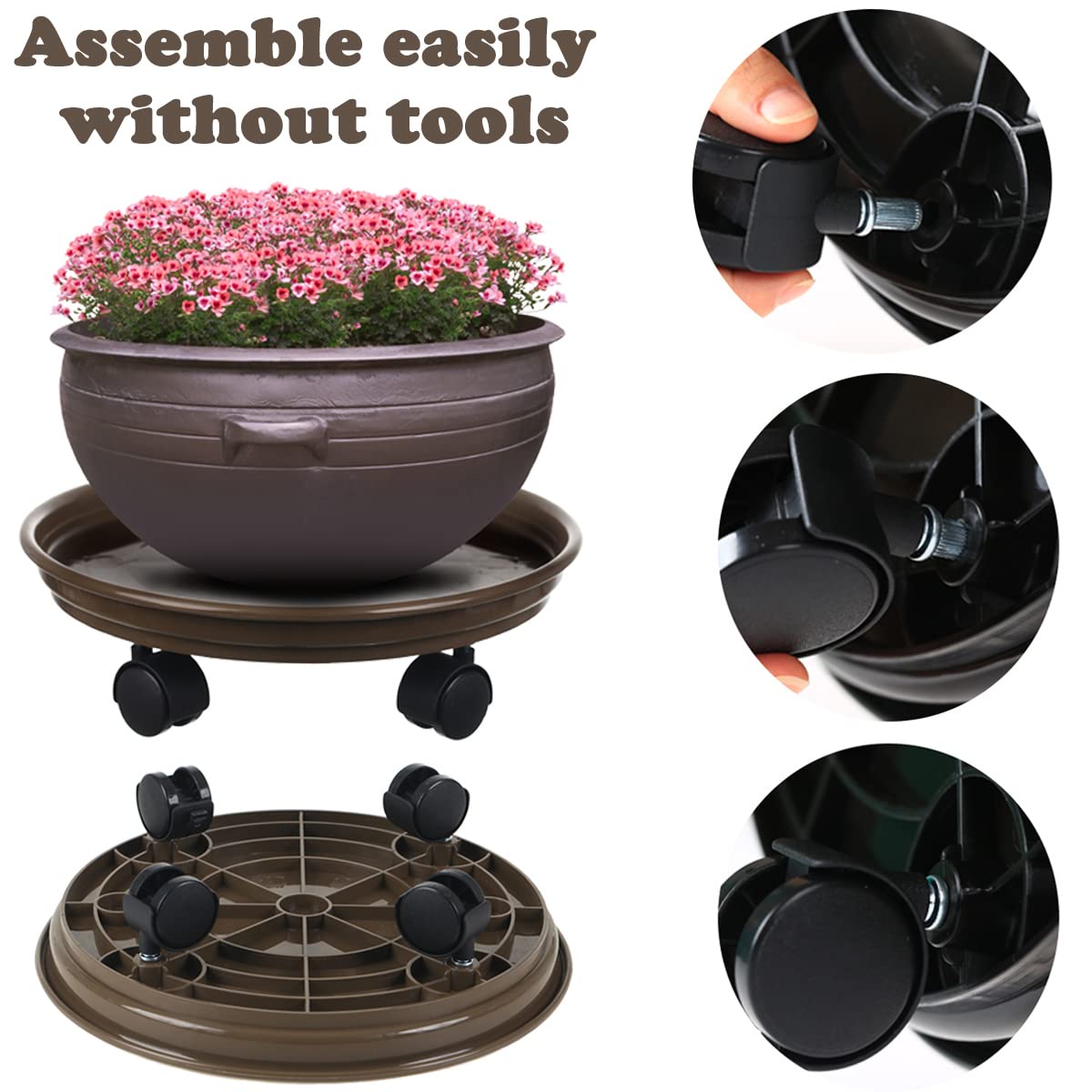 Circloophs 7-Pack Heavy Duty 12-Inch Rolling Plant Caddy with Wheels - Plant Dolly for Moving Large Pots Indoors & Outdoors - Coffee Brown - Perfect for Garden, Patio, and Home Decor