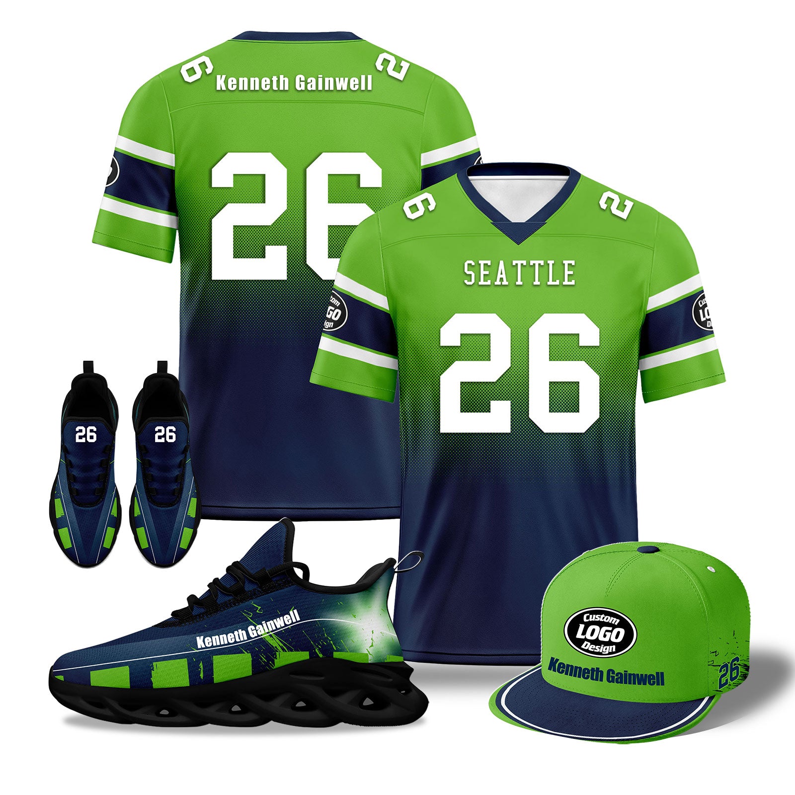 Custom Seattle Football MaxSoul Shoes & Hat Set - Personalized Green & Blue Sports Combo for Men | Perfect for Game Day, Fan Gear & Team Spirit Outfits