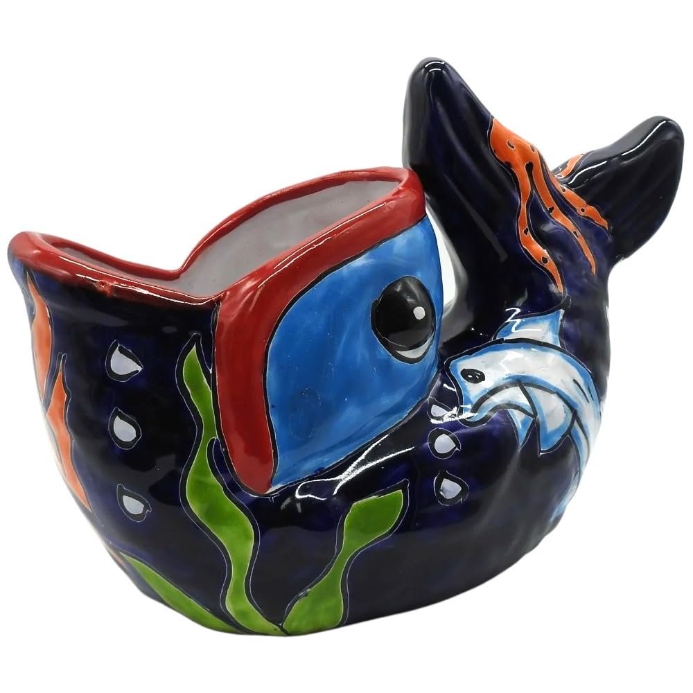 Large Talavera Bonsai Fish Planter - Hand-Painted Dark Blue Ceramic Pot for Succulents, Small Plants | Perfect for Home Decor, Garden, Office Desk & Patio