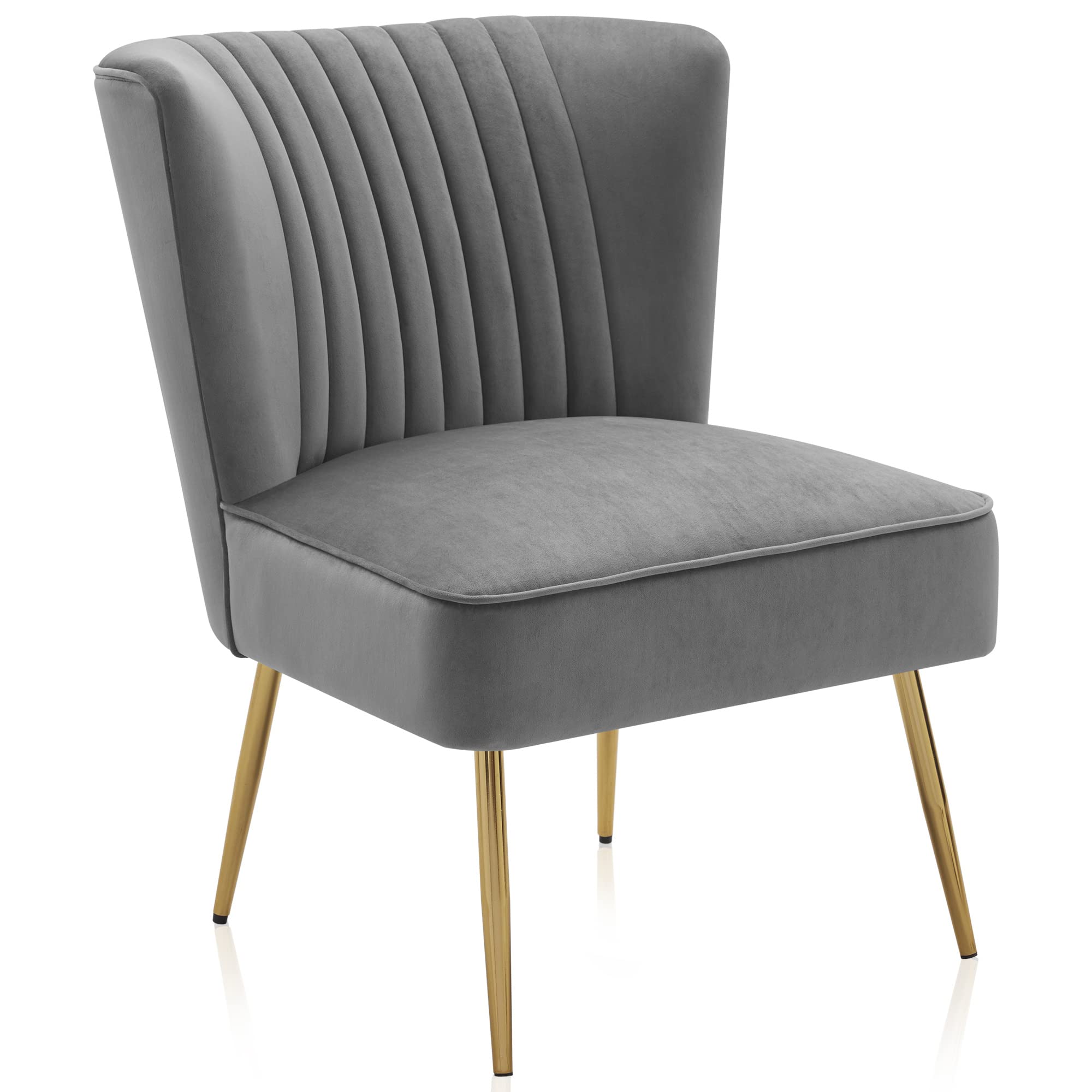 BELLEZE Modern Velvet Accent Chair with Gold Legs - Channel Tufted Armless Slipper Chair for Living Room, Bedroom & Office - Vintage Elegant Comfy Corner Chair - Ethia Gray - Perfect for Small Spaces, Reading Nooks & Home Decor
