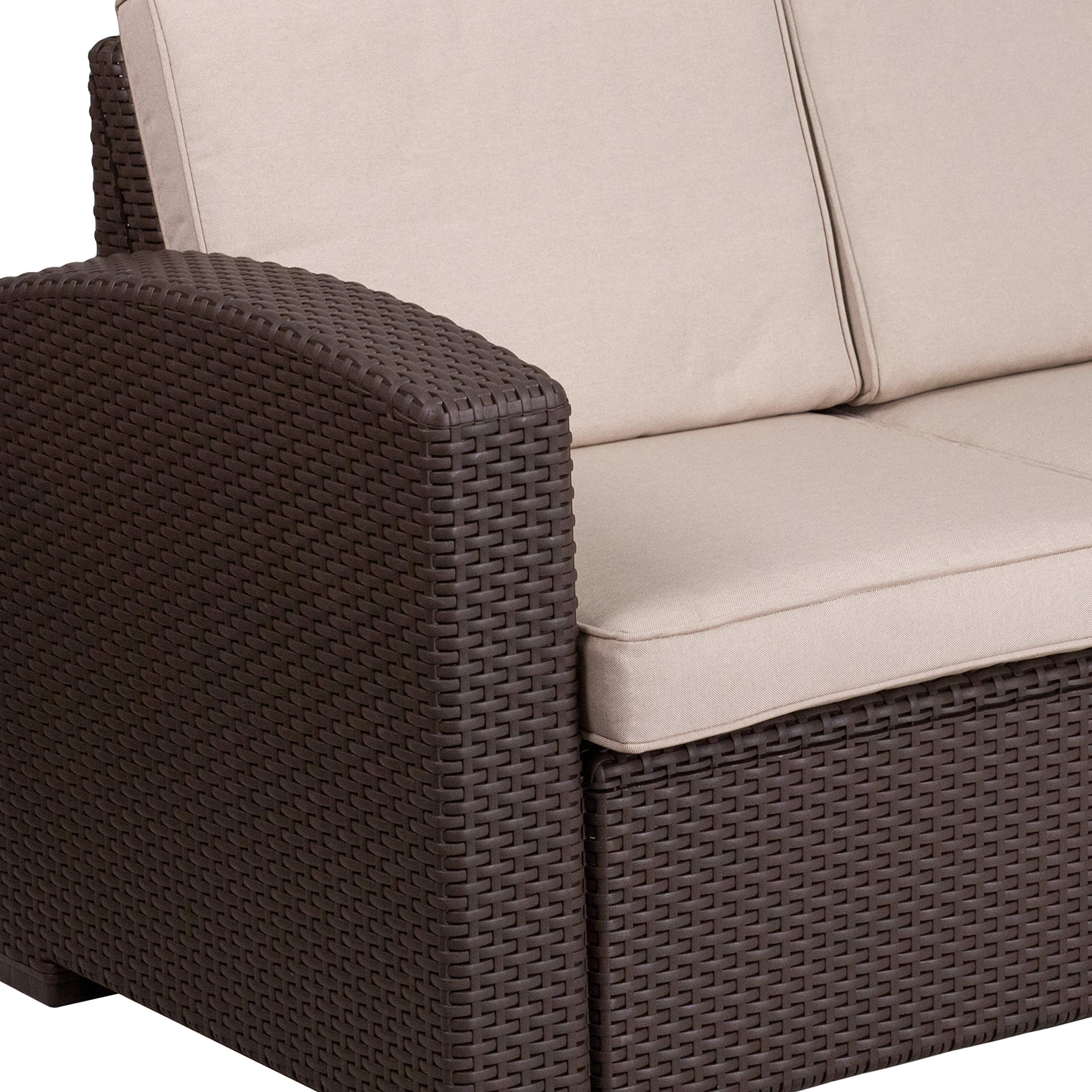 Flash Furniture Seneca Chocolate Brown Faux Rattan Loveseat with All-Weather Beige Cushions - Outdoor Patio, Garden, Poolside Seating for 2