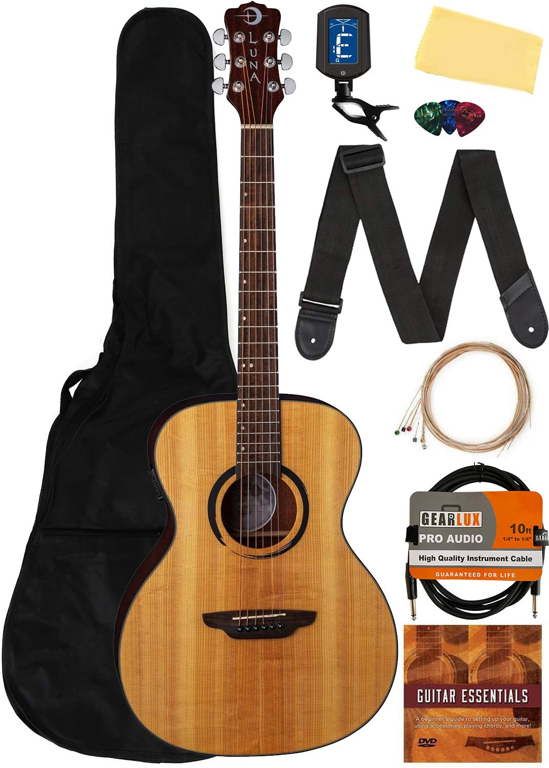 Luna Wabi Sabi Solid Top Folk Acoustic-Electric Guitar Bundle with Gig Bag, Tuner, Strings & Accessories - Perfect for Beginners, Performances & Travel | Includes Austin Bazaar Instructional DVD