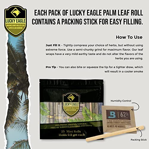 Lucky Eagle Mini Pre-Rolled Cones - Natural Palm Leaf Pre-Wraps for Smoking - 25 Cones per Pack (5-Pack Box) - Perfect for Travel & Quick Rolling