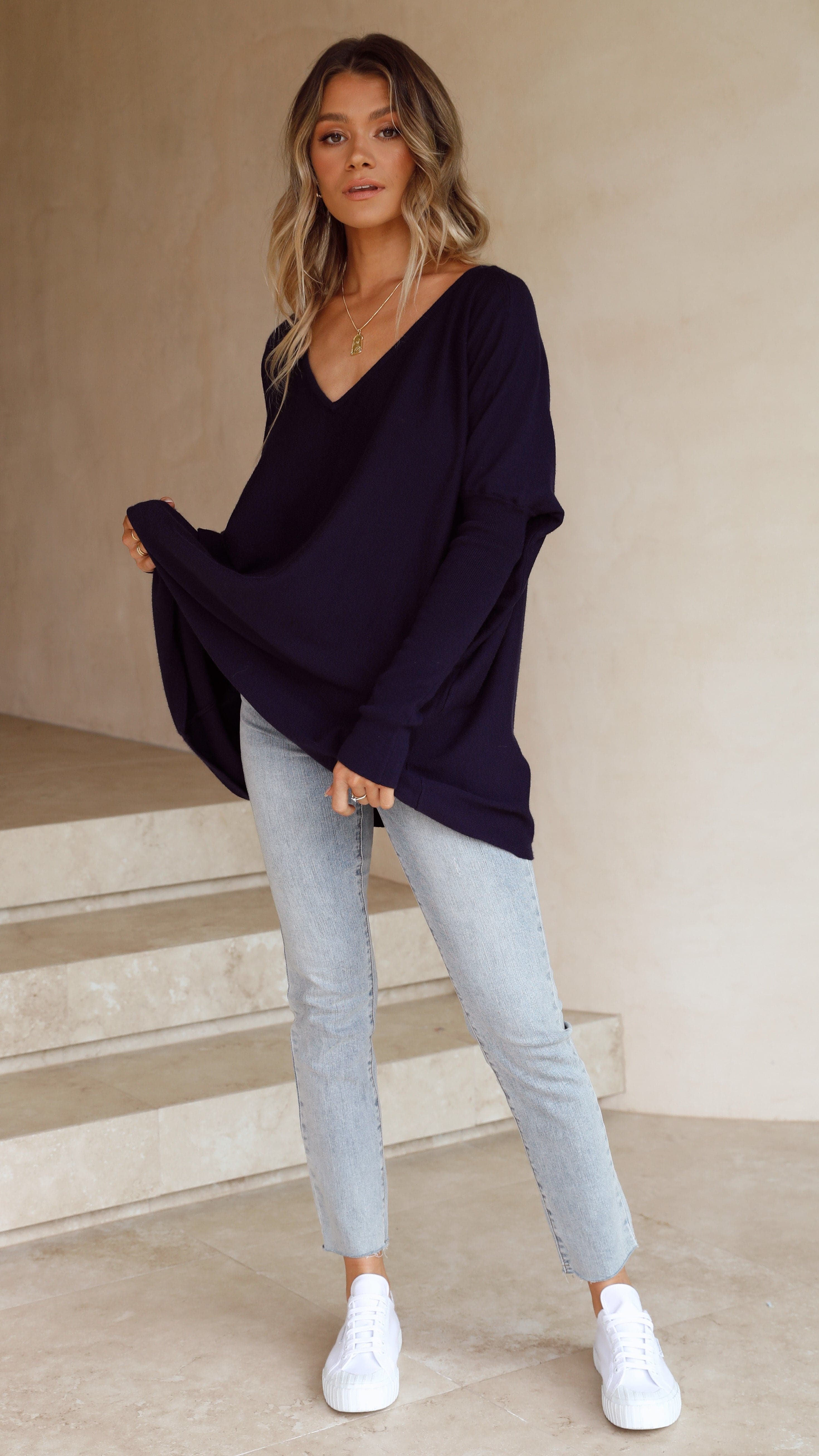 Amalia Knit Top for Women - Soft & Comfortable Navy Blue Crewneck T-Shirt - Perfect for Casual Wear, Layering & Everyday Outfits