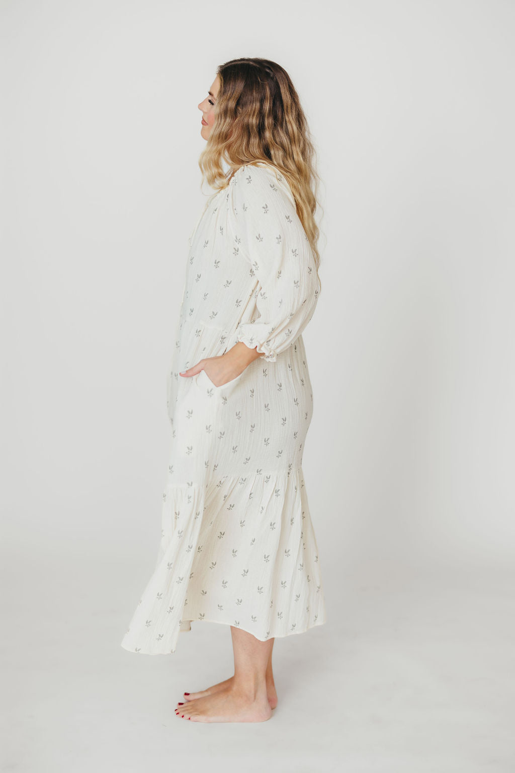 Avery Tiered Linen Blend Midi Dress in Soy/Sage Foliage - Bump Friendly Maternity Dress with Inclusive Sizing for Women | Perfect for Summer Weddings, Beach Vacations & Casual Outings