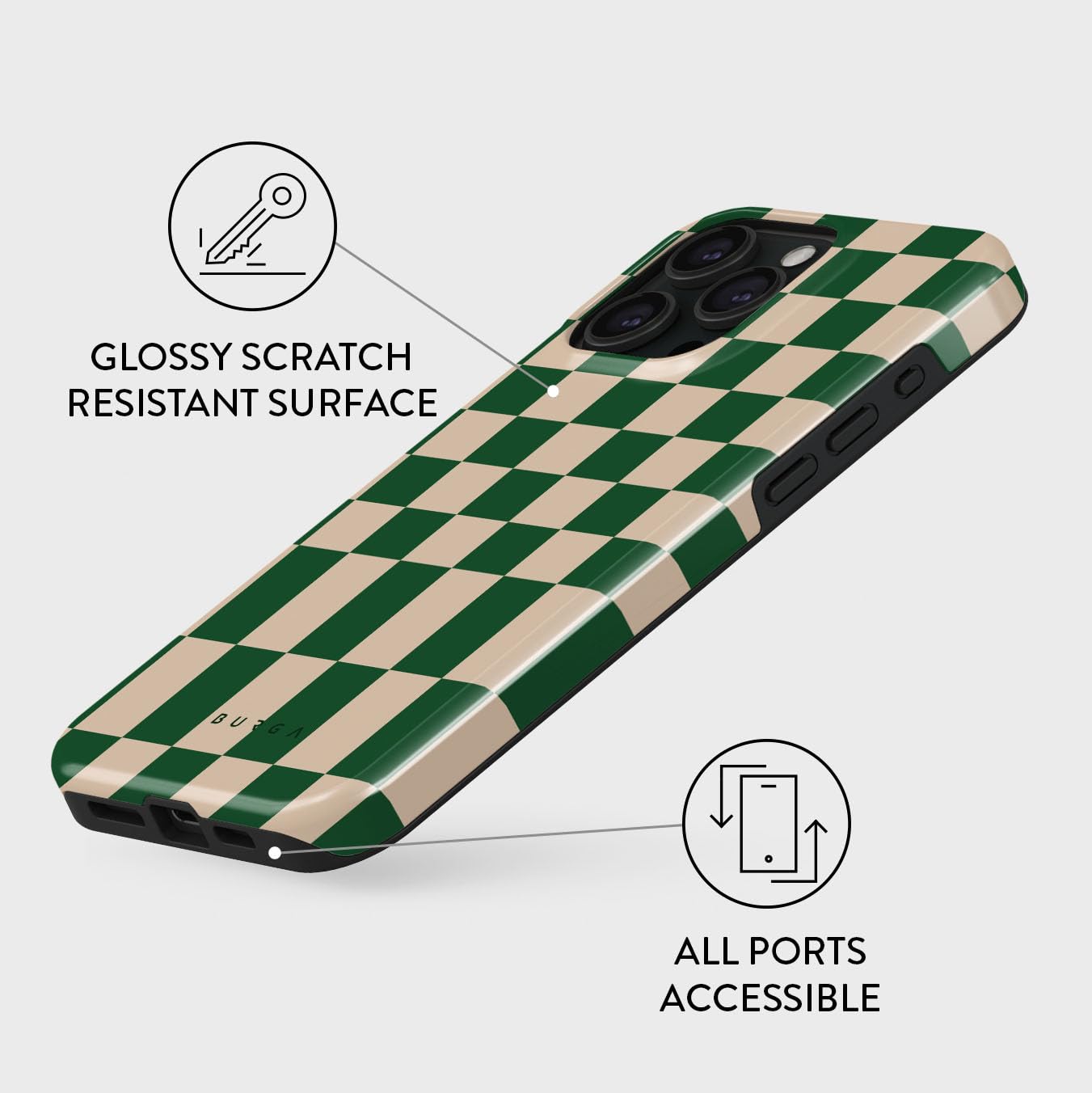 BURGA iPhone 15 Pro Max Case - Trendy Checkered Green Square Hard Shell Protective Cover for Apple iPhone 15 Pro Max | Cute Aesthetic Design for Women & Men | Perfect for Everyday Use, Travel, and Style Protection