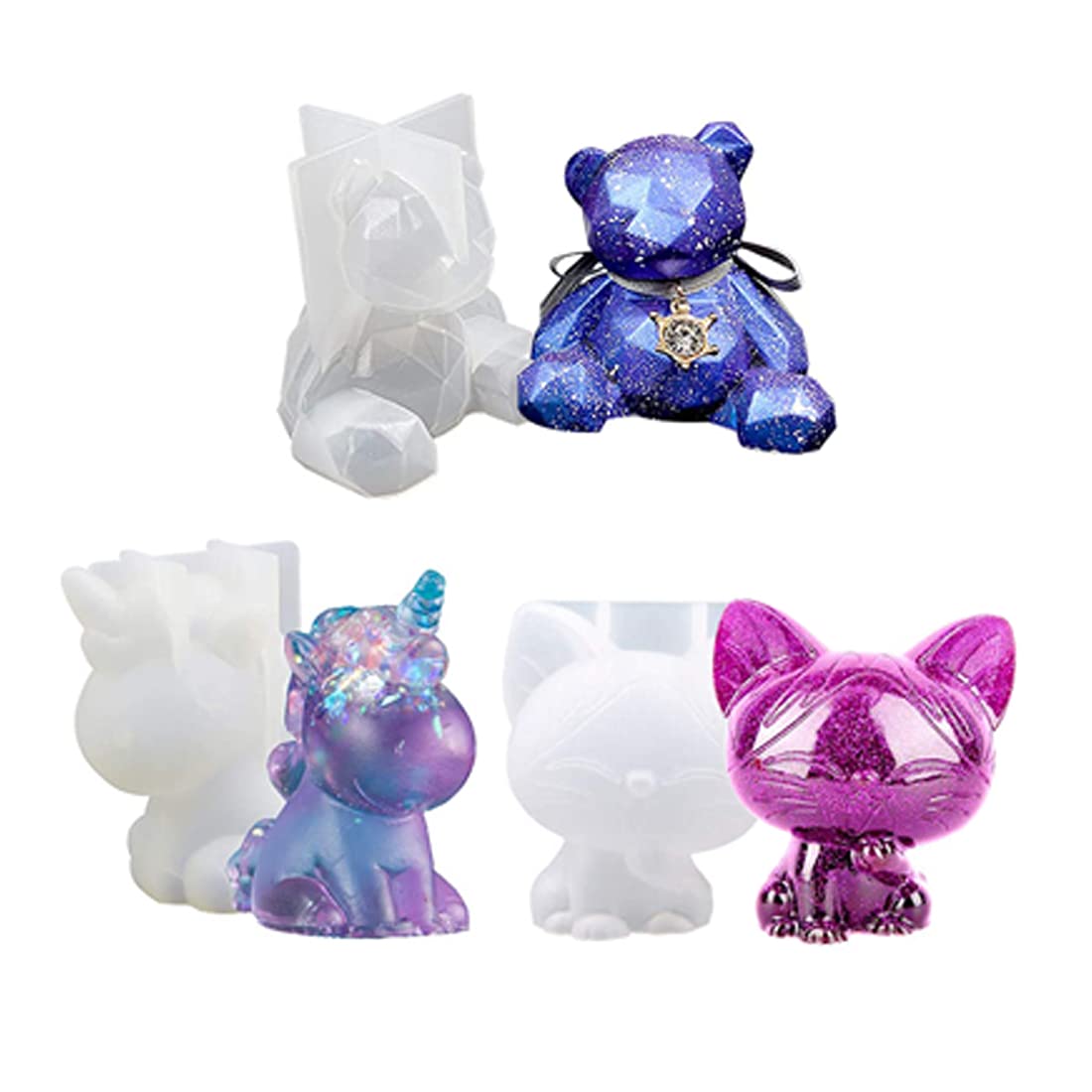 3D Cartoon Animal Resin Molds Set - Bear, Cat & Unicorn Silicone Casting Molds for DIY Epoxy Crafts, Phone Holder Making, Resin Jewelry & Home Decor Projects