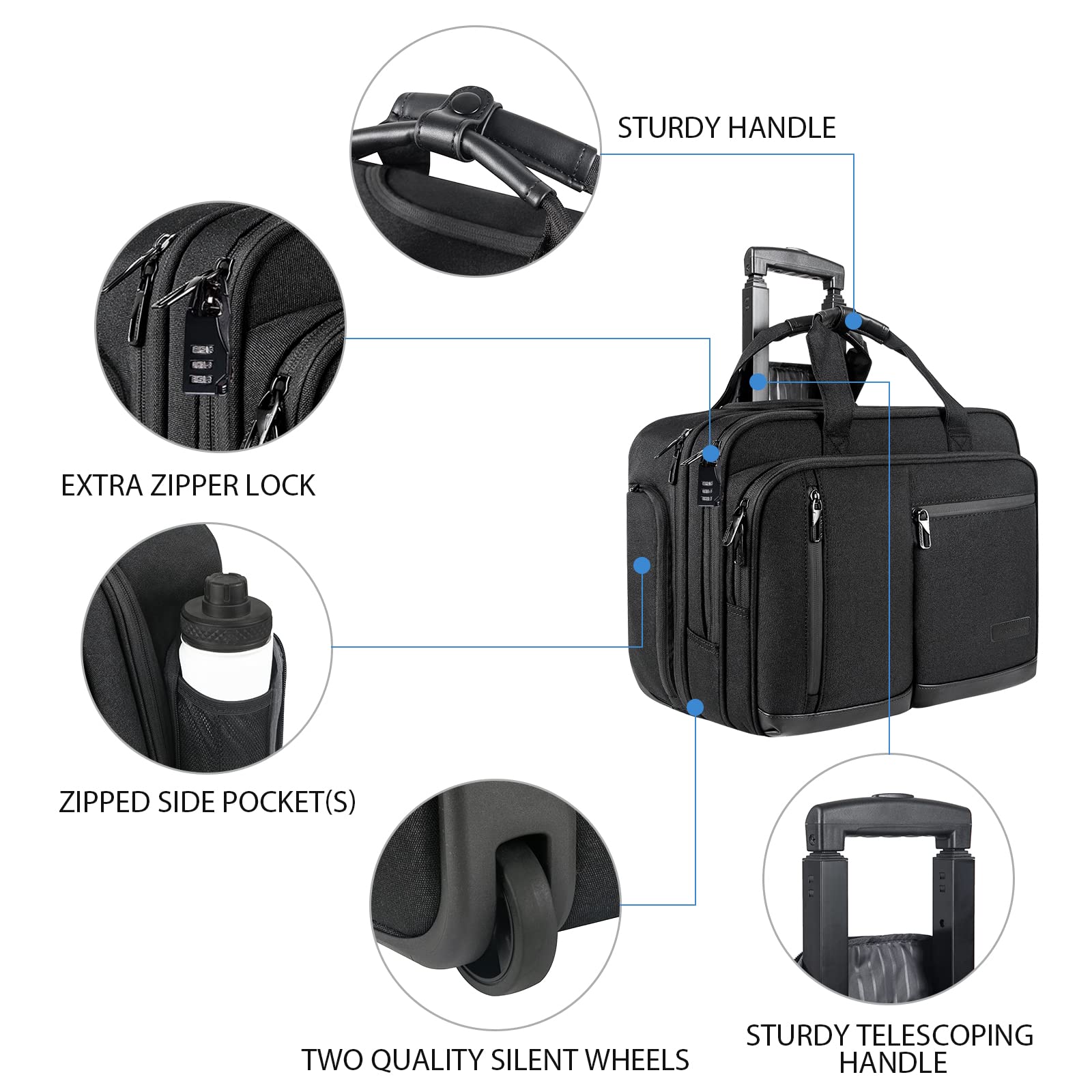 17.3 Inch Rolling Laptop Bag - Waterproof Overnight Travel Business Briefcase with Wheels, Stylish Black Carry-On Luggage for Work, Commuting & Air Travel