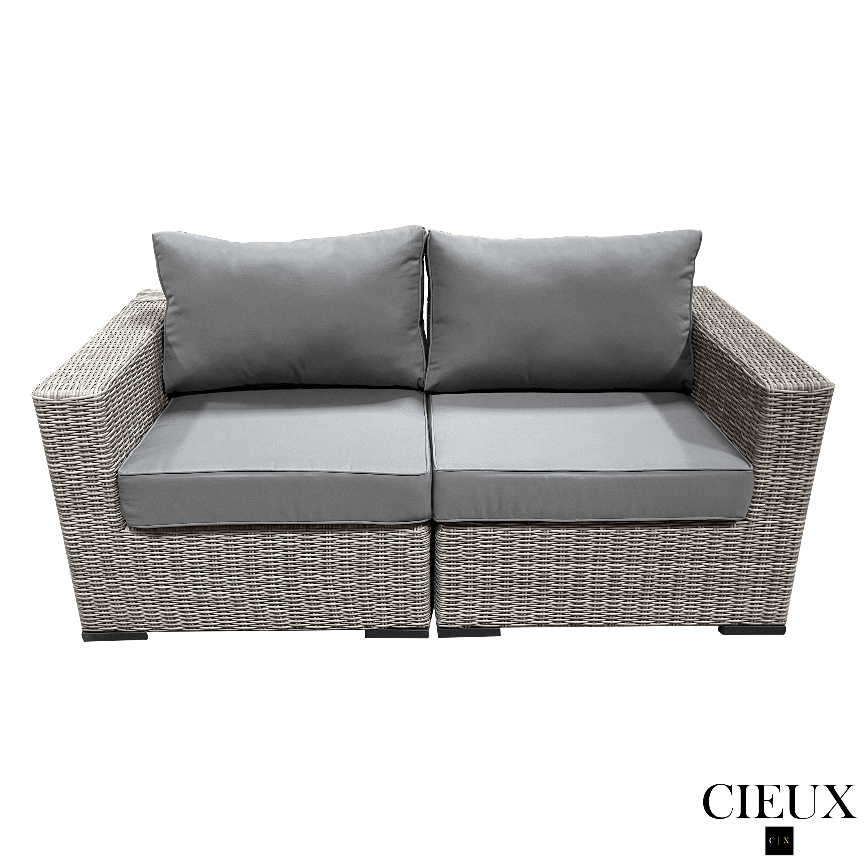 Riviera Outdoor Patio Wicker Loveseat Set - 2 Club Chairs & 2 Ottomans with Sunbrella Cushions in Grey & Charcoal | Perfect for Backyard, Garden, Poolside & Deck Relaxation