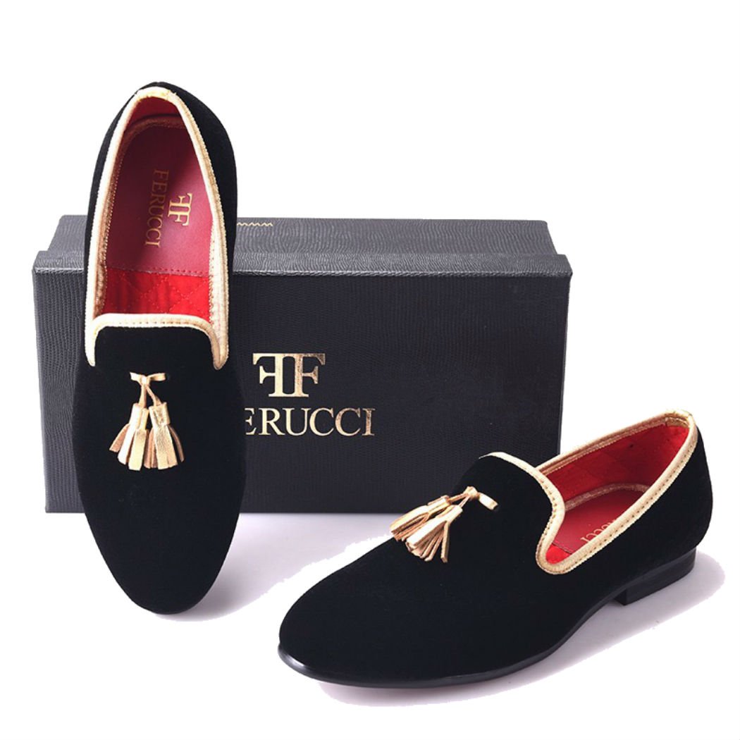 FERUCCI Black Velvet Loafers with Gold Tassel - Elegant Women's Slippers for Wedding, Prom, Bridal Party & Special Occasions