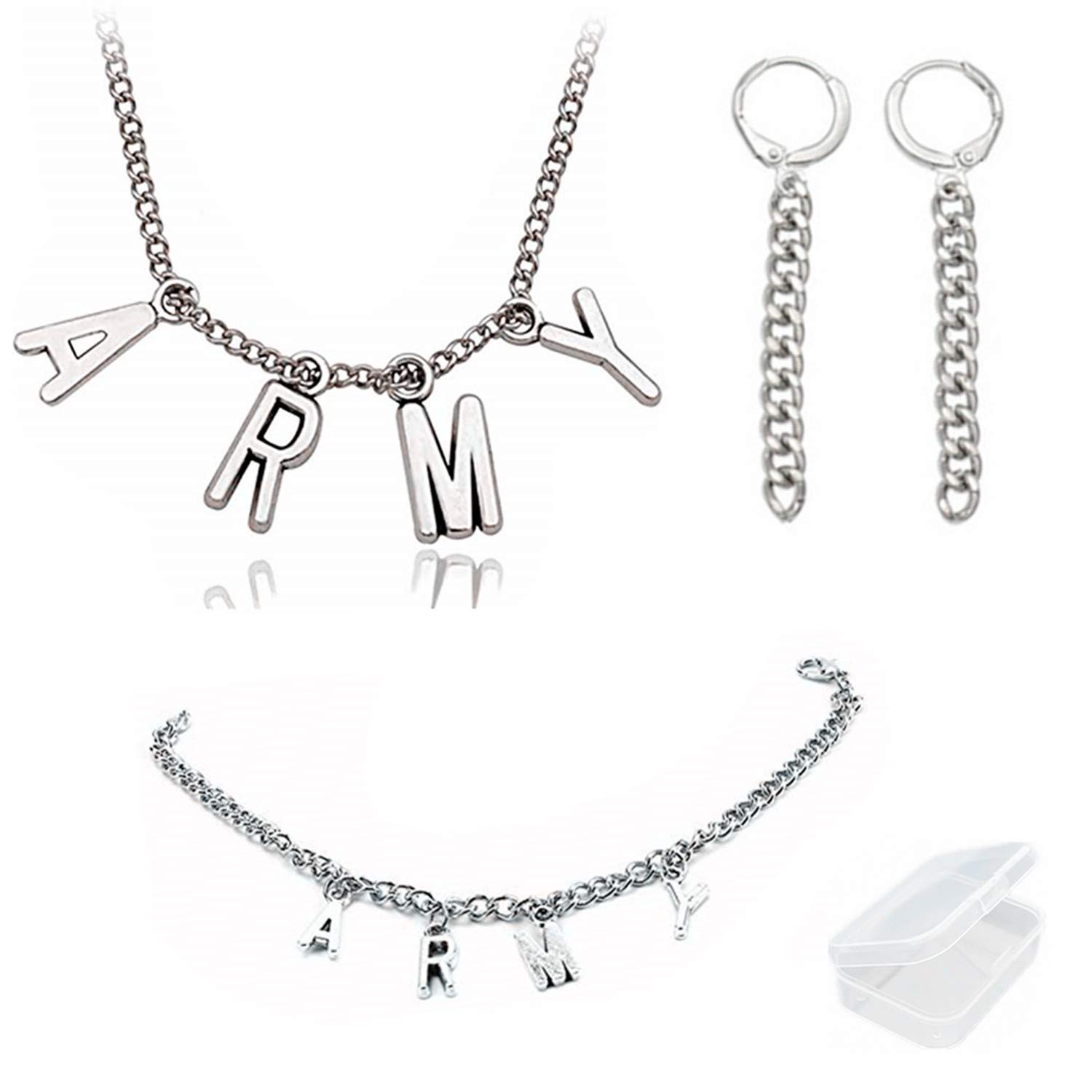 BTS Army Jewelry Set for Fans - Silver Necklace, Bracelet & Earrings with Gift Box - Unisex Kpop Accessories for Adults & Teens - Perfect for Concerts, Birthdays & ARMY Gifts