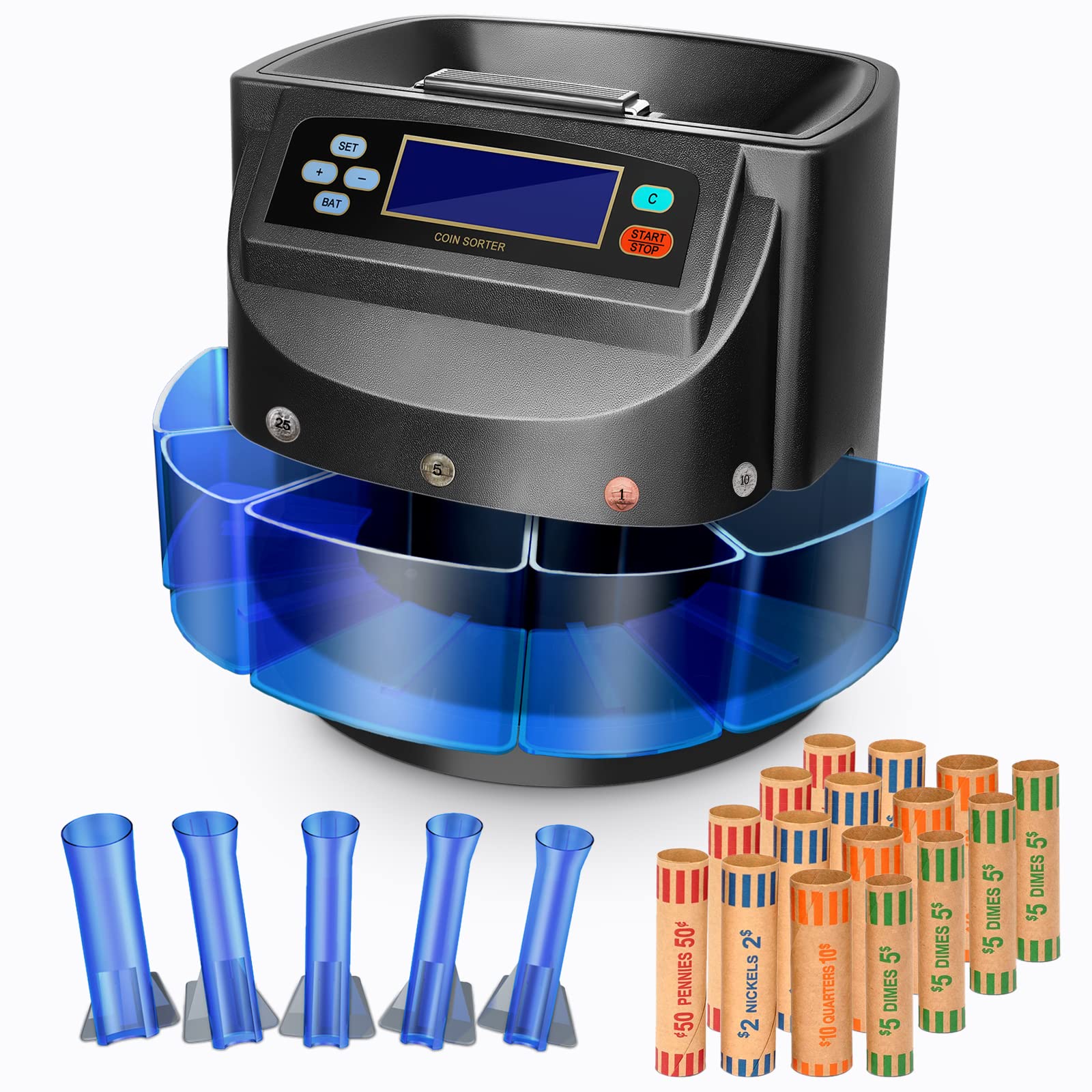 SOKO Professional Coin Counter Machine - Automatic Sorter for US Coins (1¢,5¢,10¢,25¢) with 4 Coin Wrappers, 5 Drawers & 5 Tubes - Perfect for Banks, Retail Stores & Cash-Intensive Businesses