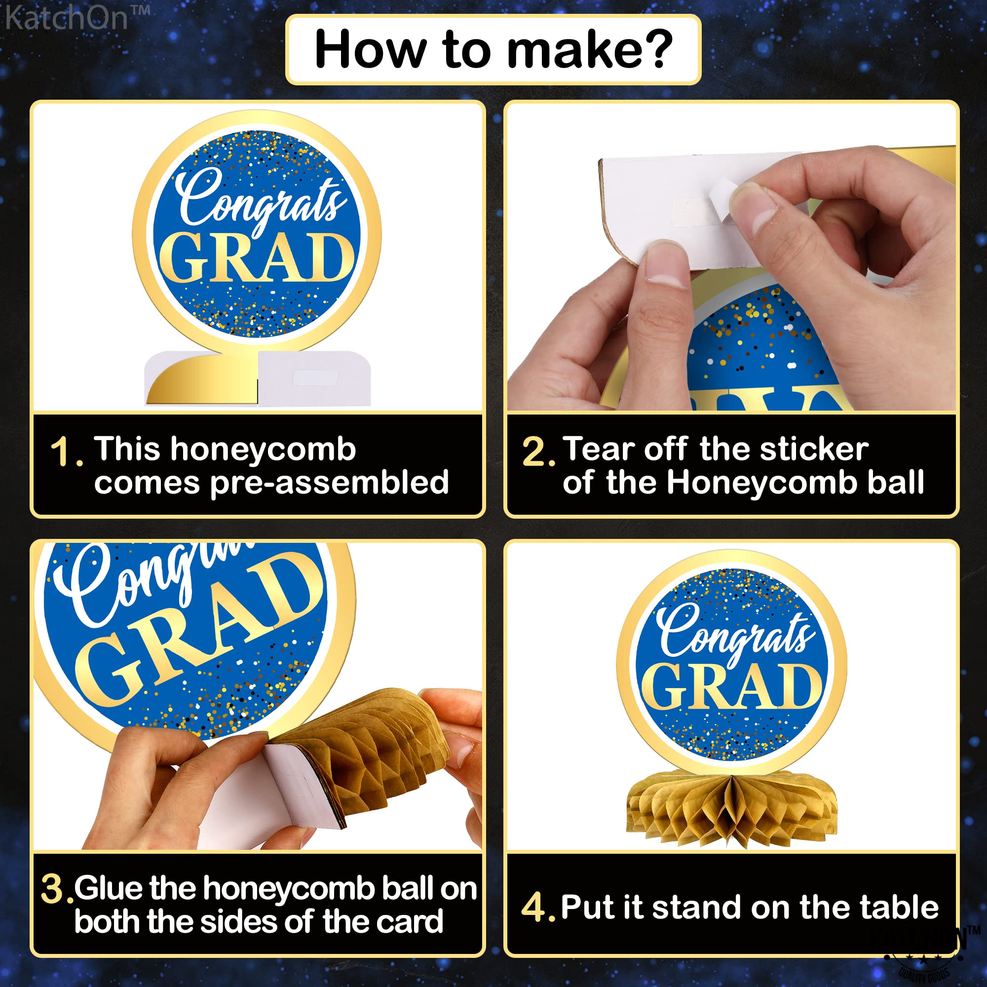 KatchOn 2025 Graduation Centerpieces - Pack of 9 Blue & Gold Honeycomb Decor for Tables | Class of 2025 Party Decorations | Perfect for Graduation Ceremonies, Banquets & Photo Backdrops