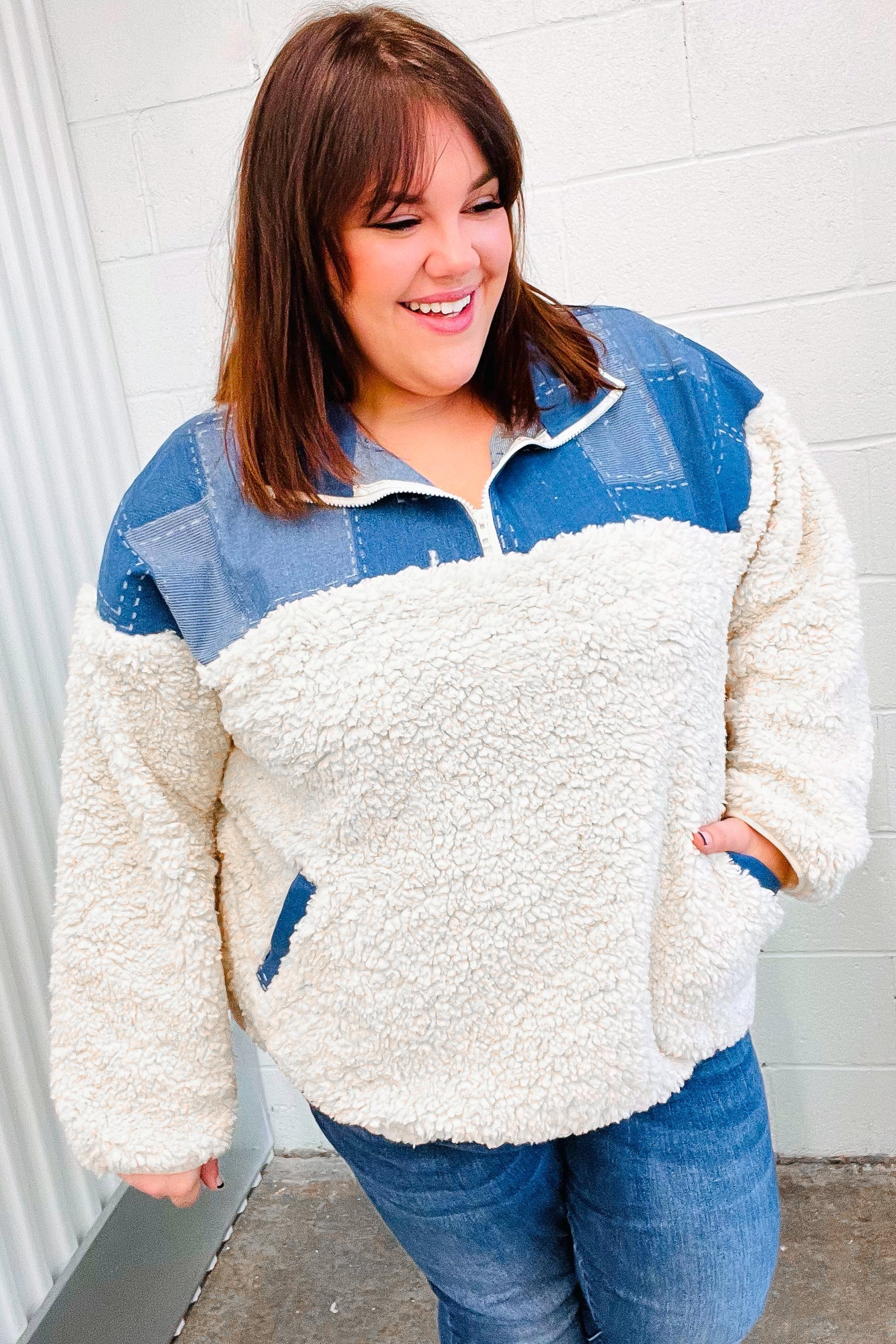 Stylish Good Vibes Denim & Ivory Patchwork Sherpa Half Zip Pullover for Women | Cozy Winter Fleece Jacket | Perfect for Casual Outings, Hiking & Outdoor Activities