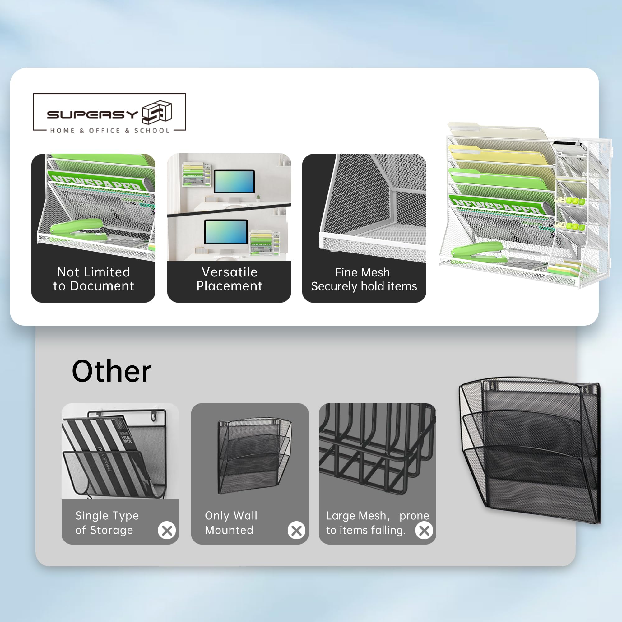 SUPEASY 5-Tier Wall File Organizer with 4 Pen Holders & R-Shaped Bottom Tray - White Office Desk Organizer for Documents, Papers & Supplies - Perfect for Home Office, Workspace & School Organization