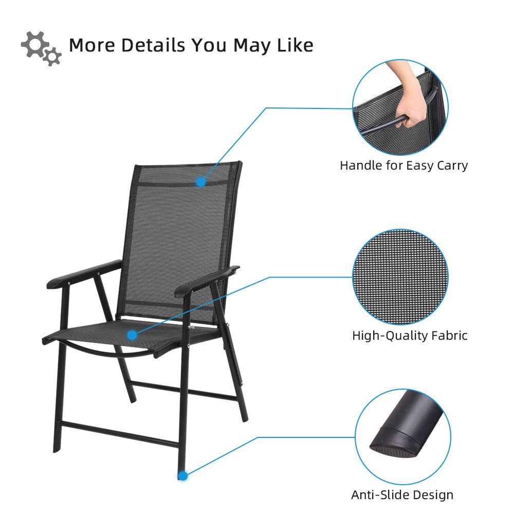 VINGLI Upgraded 4-Pack Folding Chairs with Arms - Portable Outdoor & Indoor Patio Chairs, Lightweight Sling Back Design for Lawn, Pool, Courtyard, Balcony, Garden, Camping, Picnics & BBQs (Black)