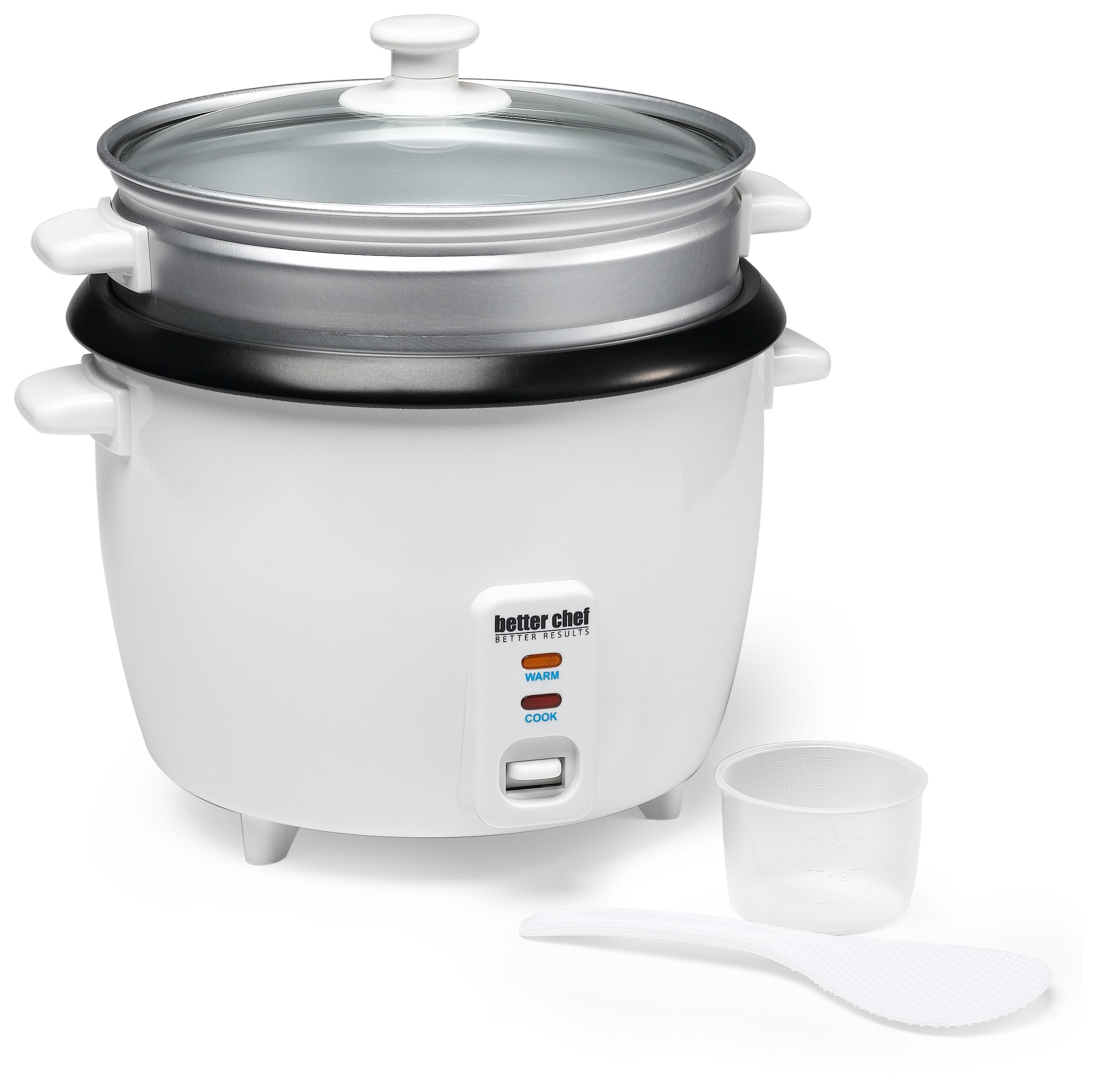 Better Chef 20-Cup Rice Cooker with Food Steamer - Glass Lid, Non-Stick Inner Pot & Cool-Touch Handle - Includes Measuring Cup & Paddle - Perfect for Family Meals, Meal Prep & Dorm Cooking (White)
